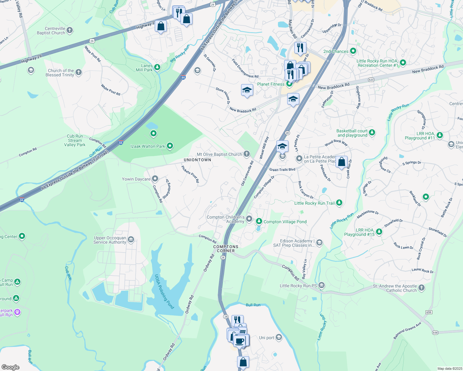 map of restaurants, bars, coffee shops, grocery stores, and more near 6728 Rockledge Place in Centreville
