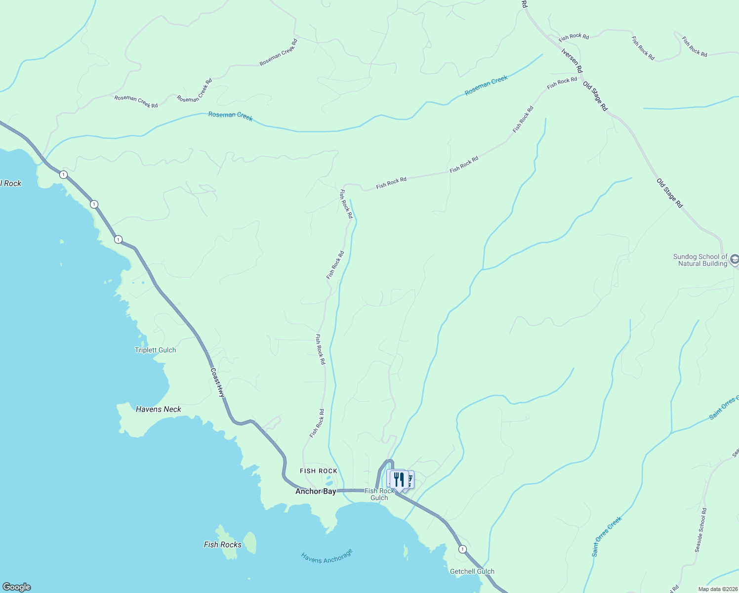 map of restaurants, bars, coffee shops, grocery stores, and more near 45801 Sunset Drive in Gualala