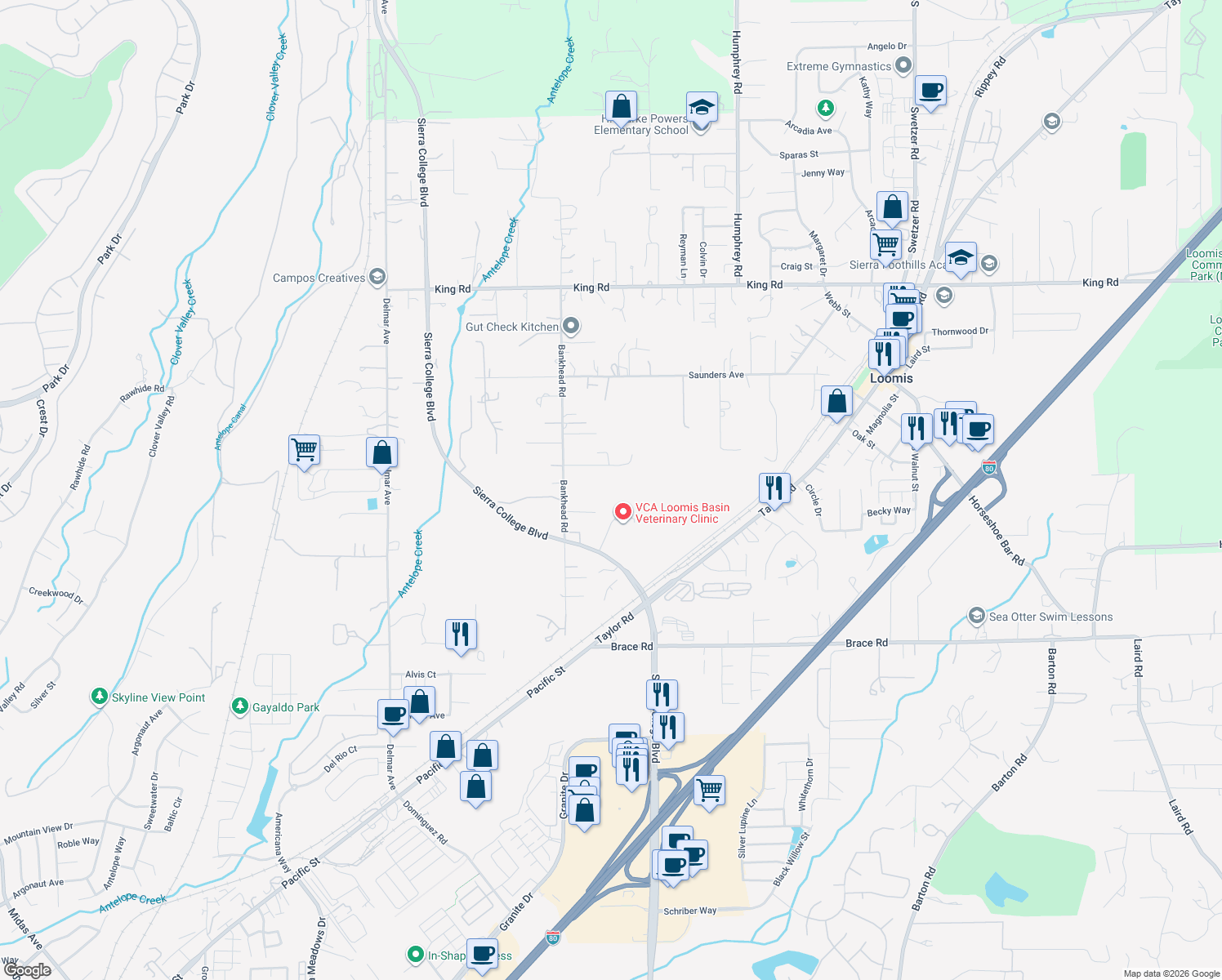 map of restaurants, bars, coffee shops, grocery stores, and more near 3791 Bankhead Road in Loomis
