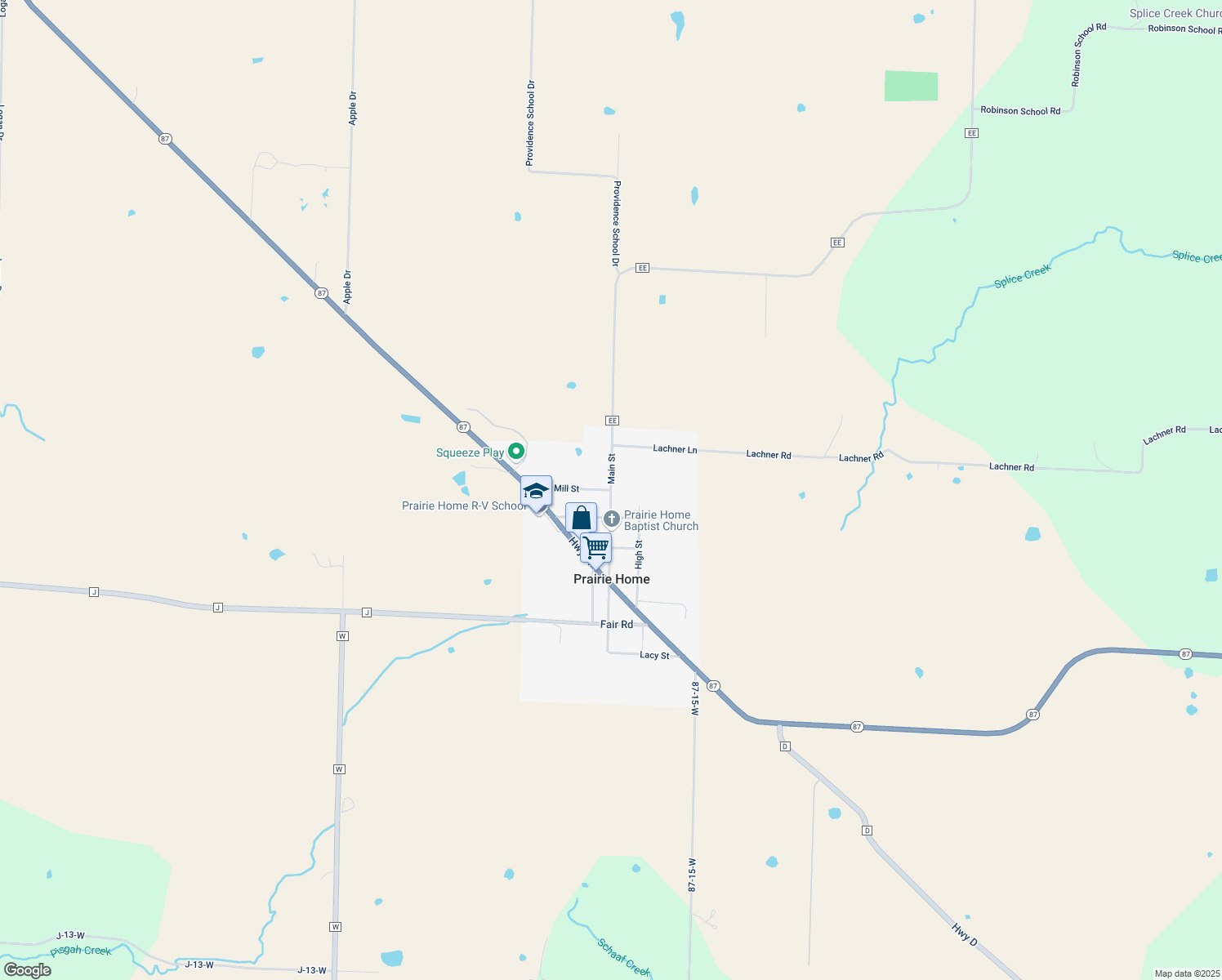 map of restaurants, bars, coffee shops, grocery stores, and more near 398 Main St in Prairie Home