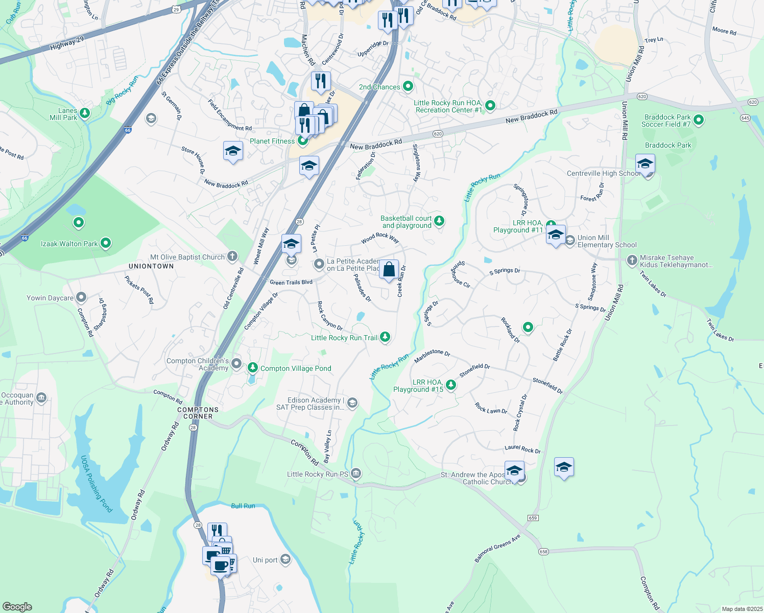 map of restaurants, bars, coffee shops, grocery stores, and more near 6563 Palisades Drive in Centreville