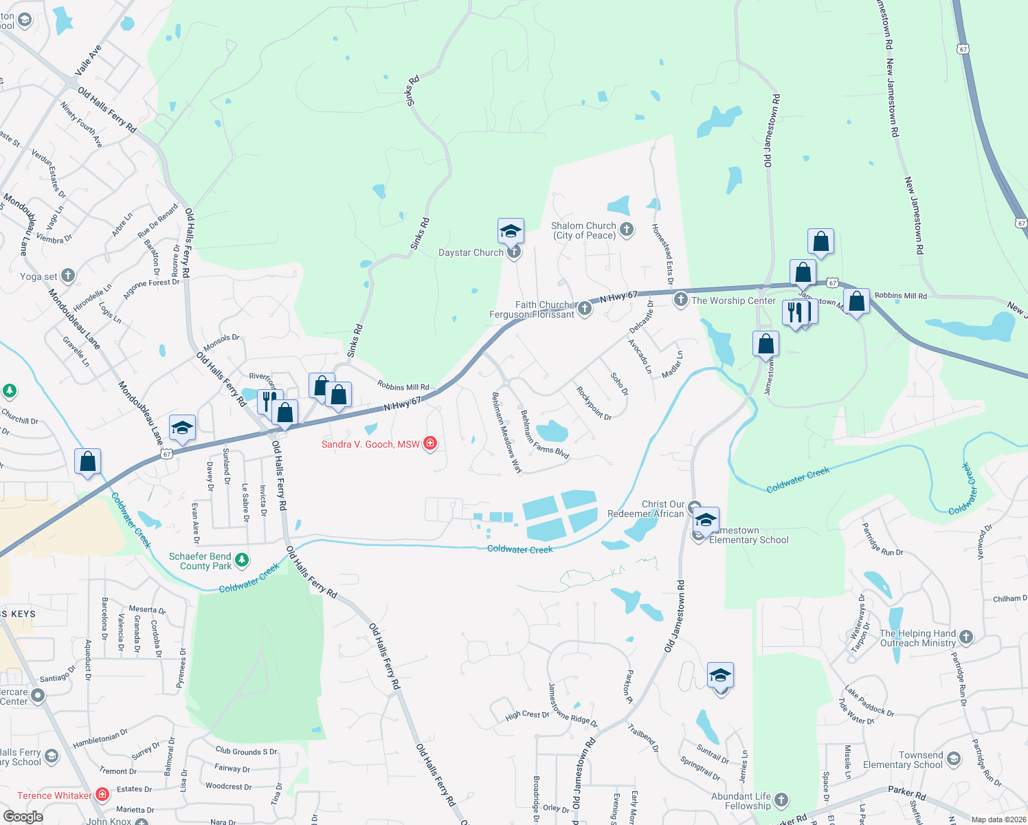 map of restaurants, bars, coffee shops, grocery stores, and more near 4561 Behlmann Farms Boulevard in Florissant