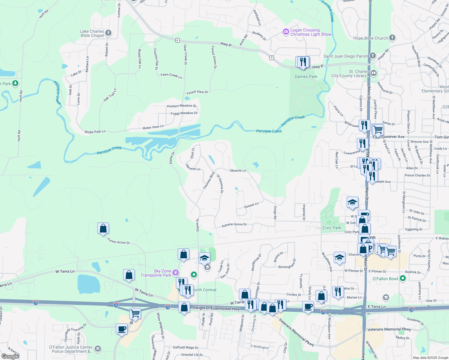 map of restaurants, bars, coffee shops, grocery stores, and more near 390 Saint Gemma Drive in O'Fallon
