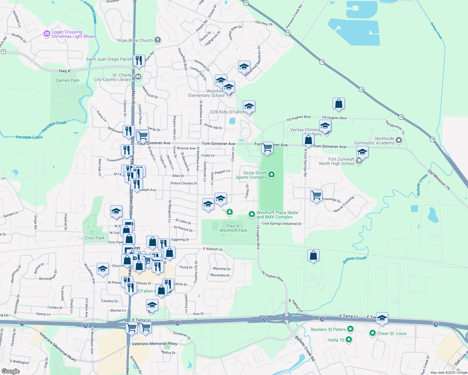 map of restaurants, bars, coffee shops, grocery stores, and more near 608 Clover Lane in O'Fallon