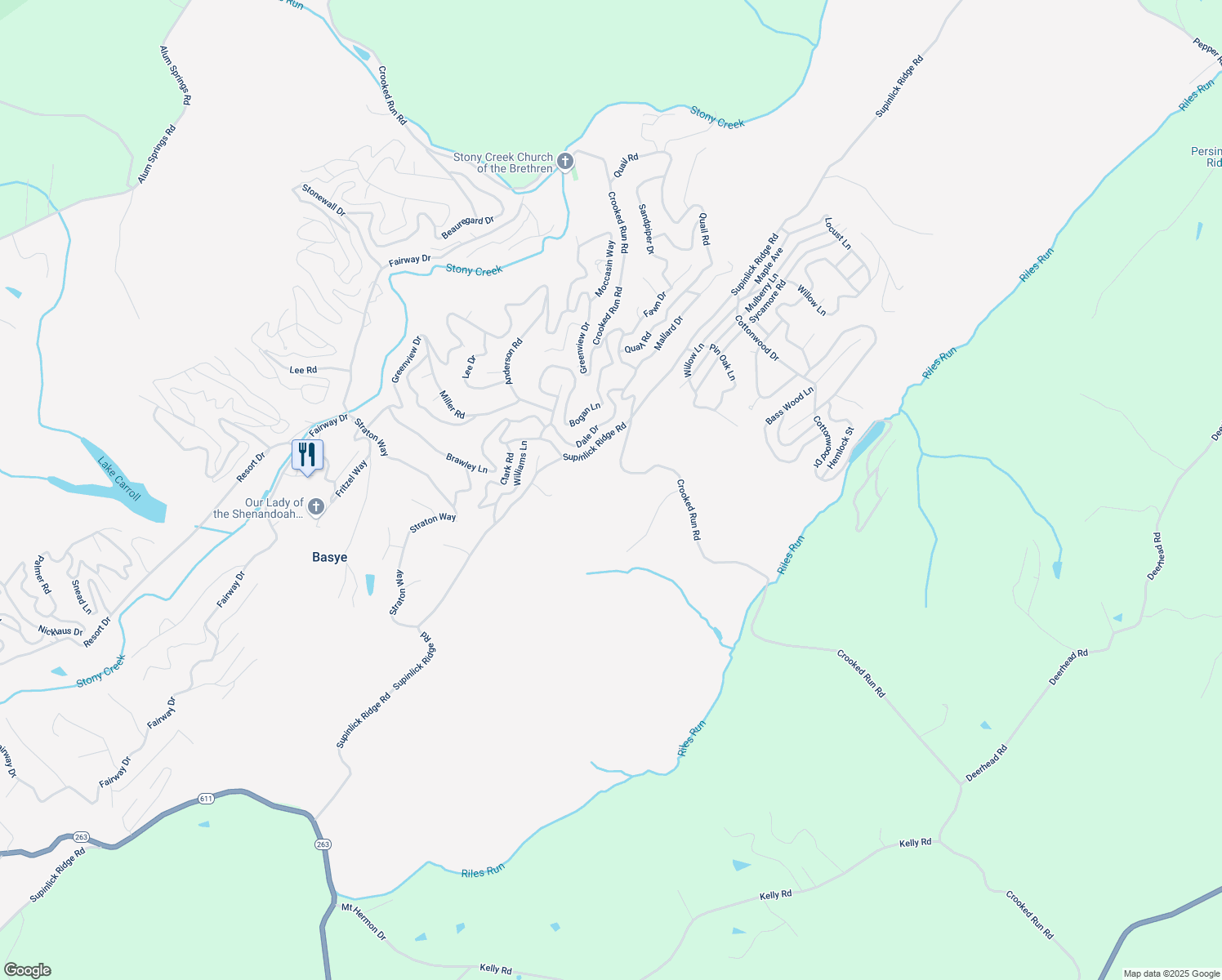 map of restaurants, bars, coffee shops, grocery stores, and more near 5087 Crooked Run Road in Mount Jackson