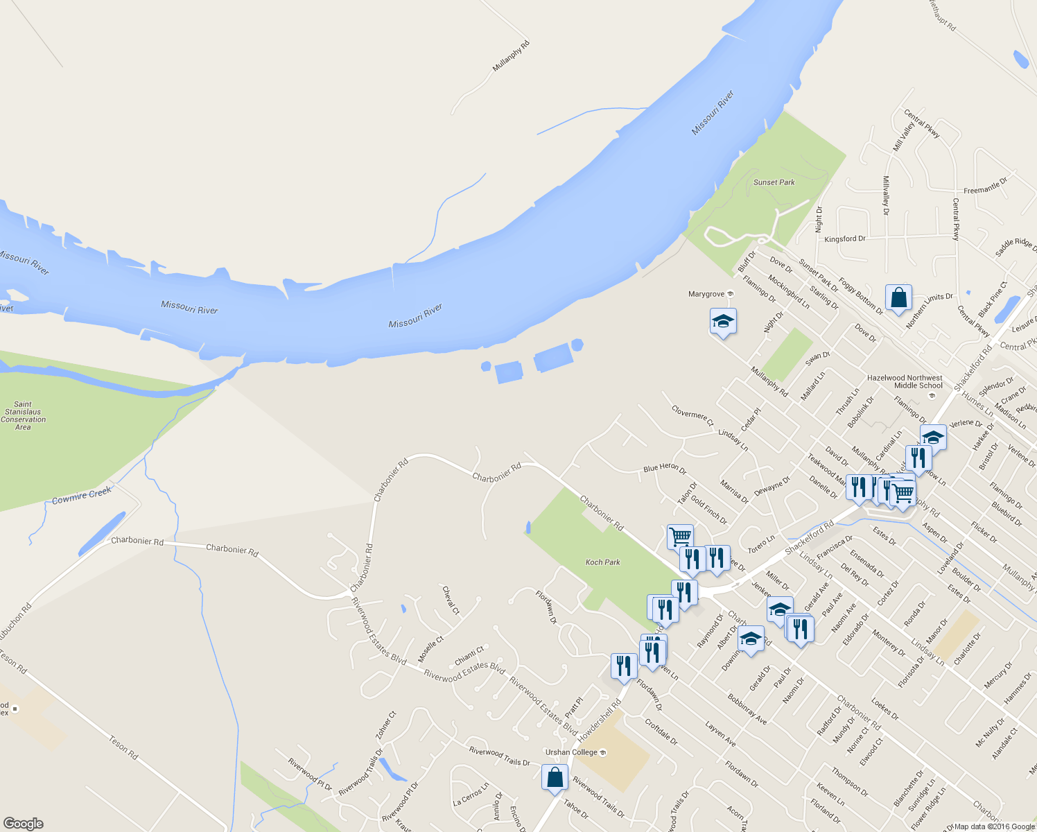 map of restaurants, bars, coffee shops, grocery stores, and more near 2840 Charbonier Road in Florissant