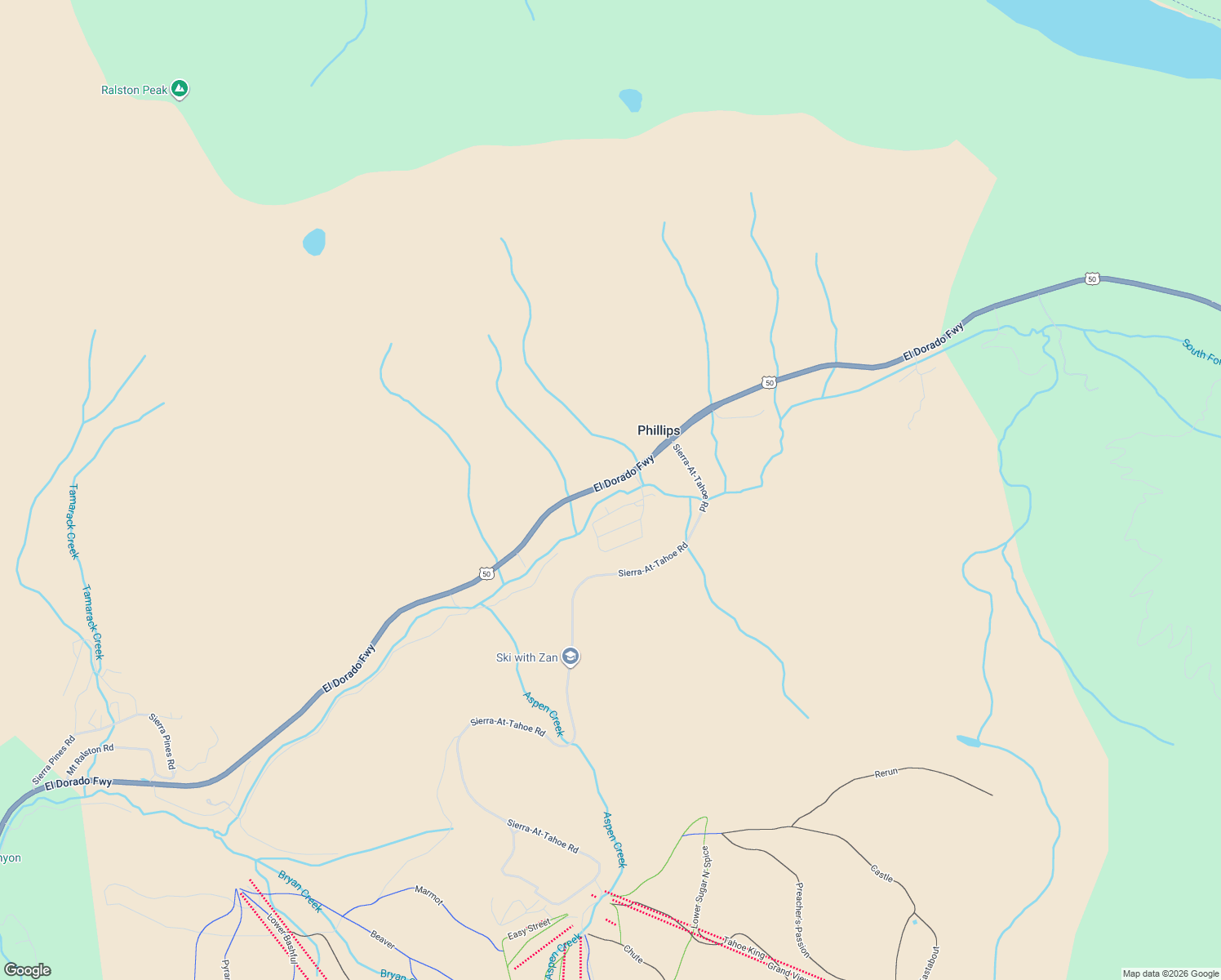 map of restaurants, bars, coffee shops, grocery stores, and more near 19838 El Dorado Freeway in Twin Bridges
