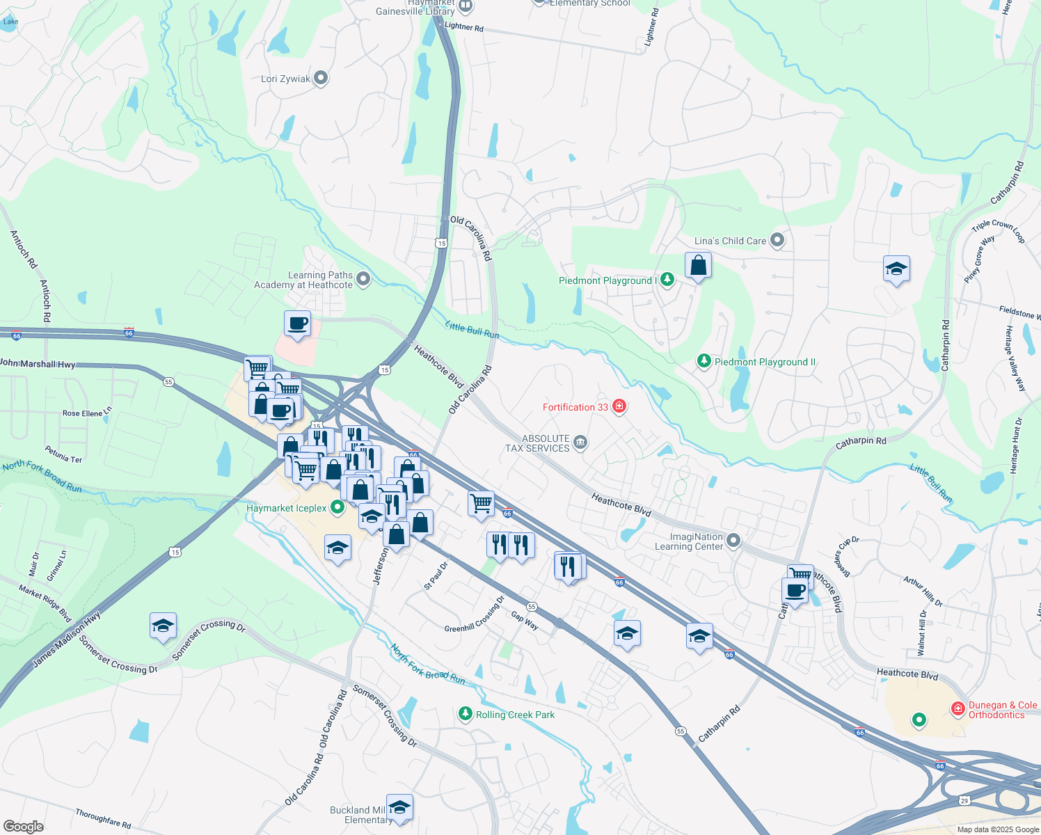 map of restaurants, bars, coffee shops, grocery stores, and more near 6316 Corbin Woods Court in Haymarket