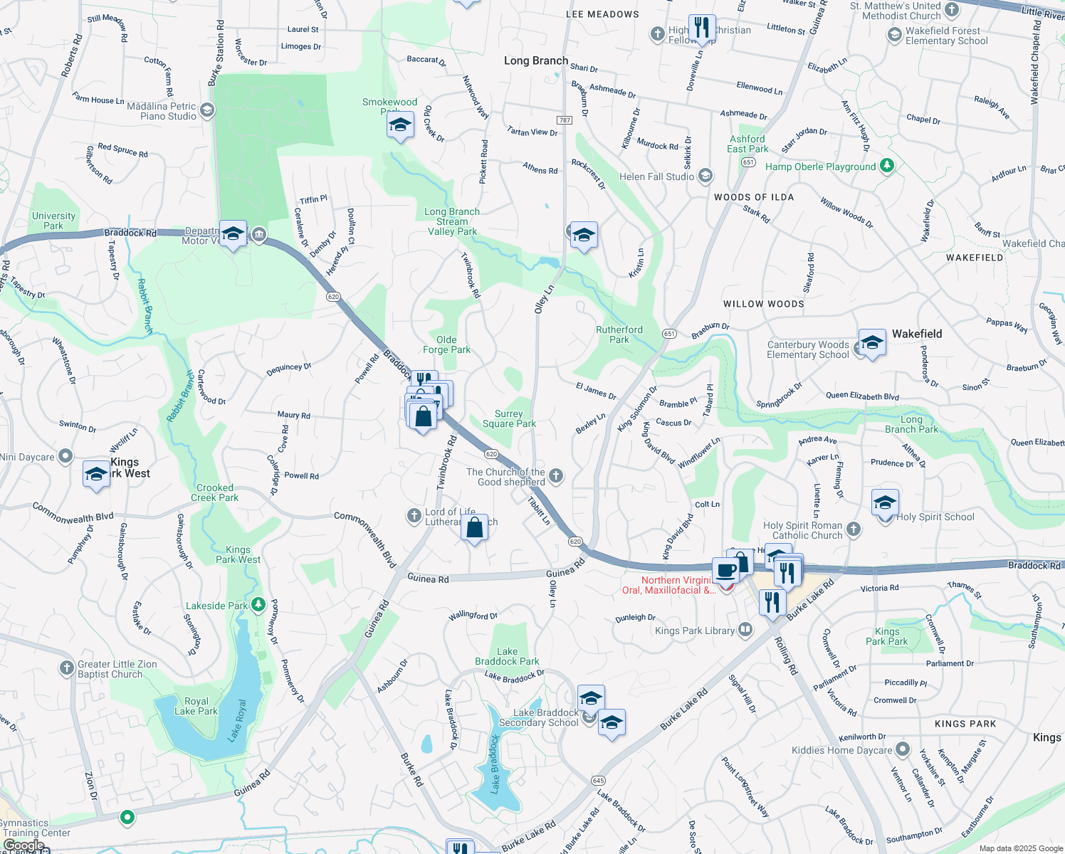 map of restaurants, bars, coffee shops, grocery stores, and more near 4925 Olley Ln in Fairfax