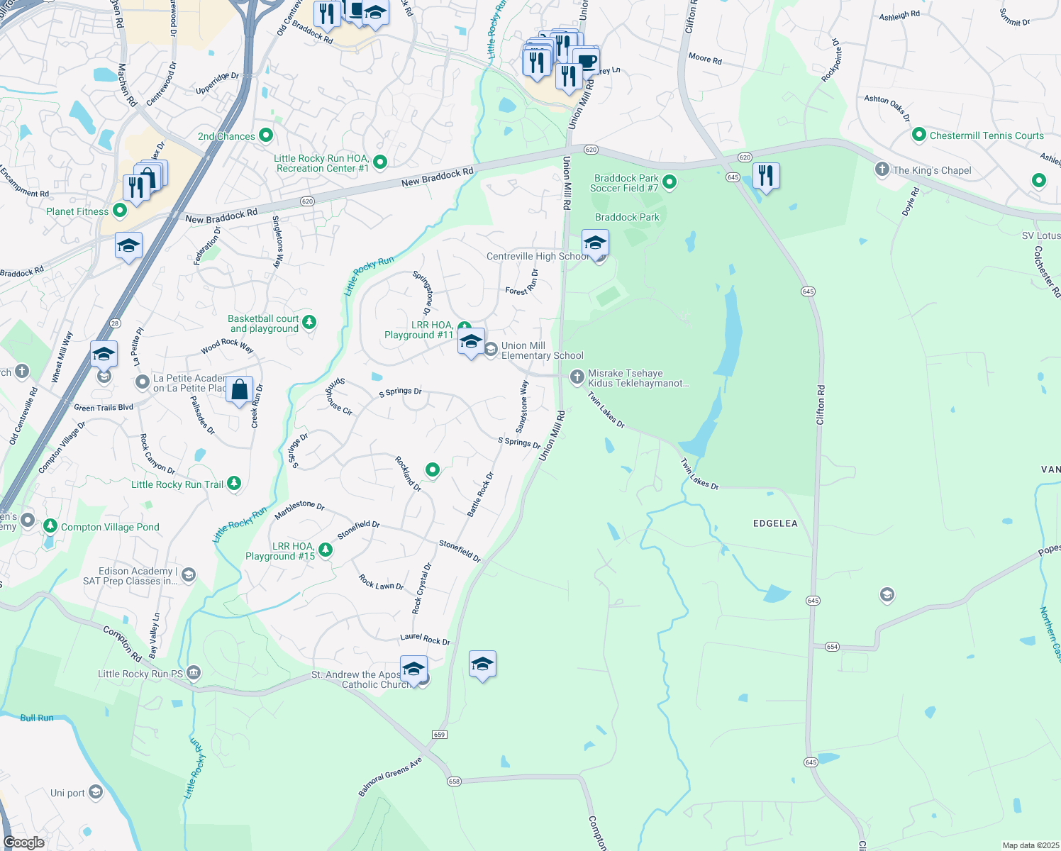 map of restaurants, bars, coffee shops, grocery stores, and more near 6226 Sandstone Way in Clifton