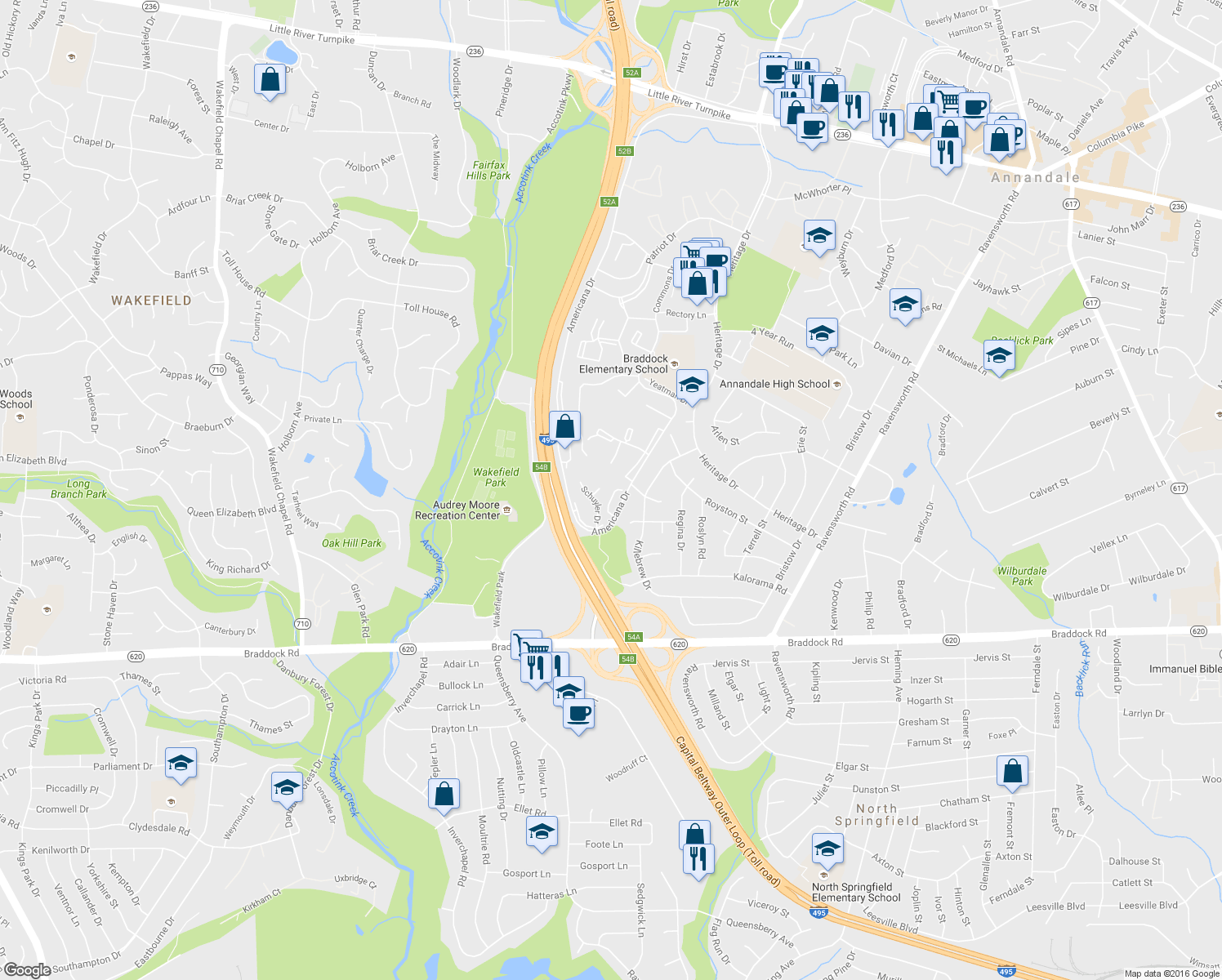 map of restaurants, bars, coffee shops, grocery stores, and more near 4920 Sauquoit Lane in Annandale