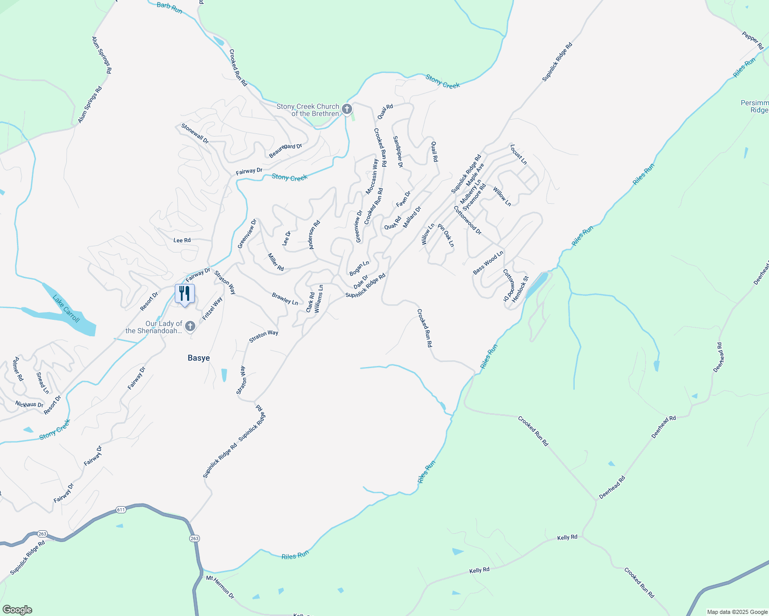map of restaurants, bars, coffee shops, grocery stores, and more near 5087 Crooked Run Road in Mount Jackson