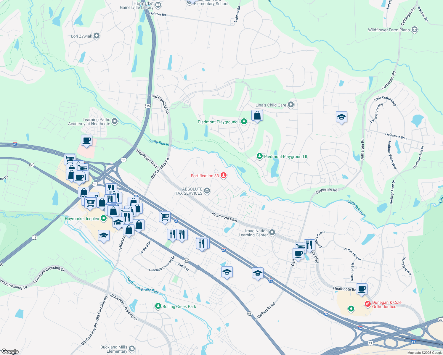 map of restaurants, bars, coffee shops, grocery stores, and more near 18162 Camdenhurst Drive in Gainesville