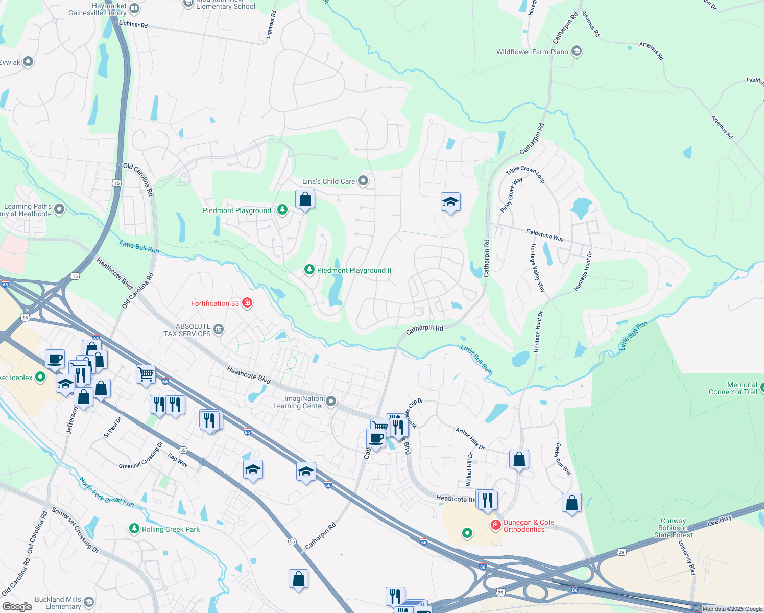 map of restaurants, bars, coffee shops, grocery stores, and more near 6604 Kanawha Way in Gainesville