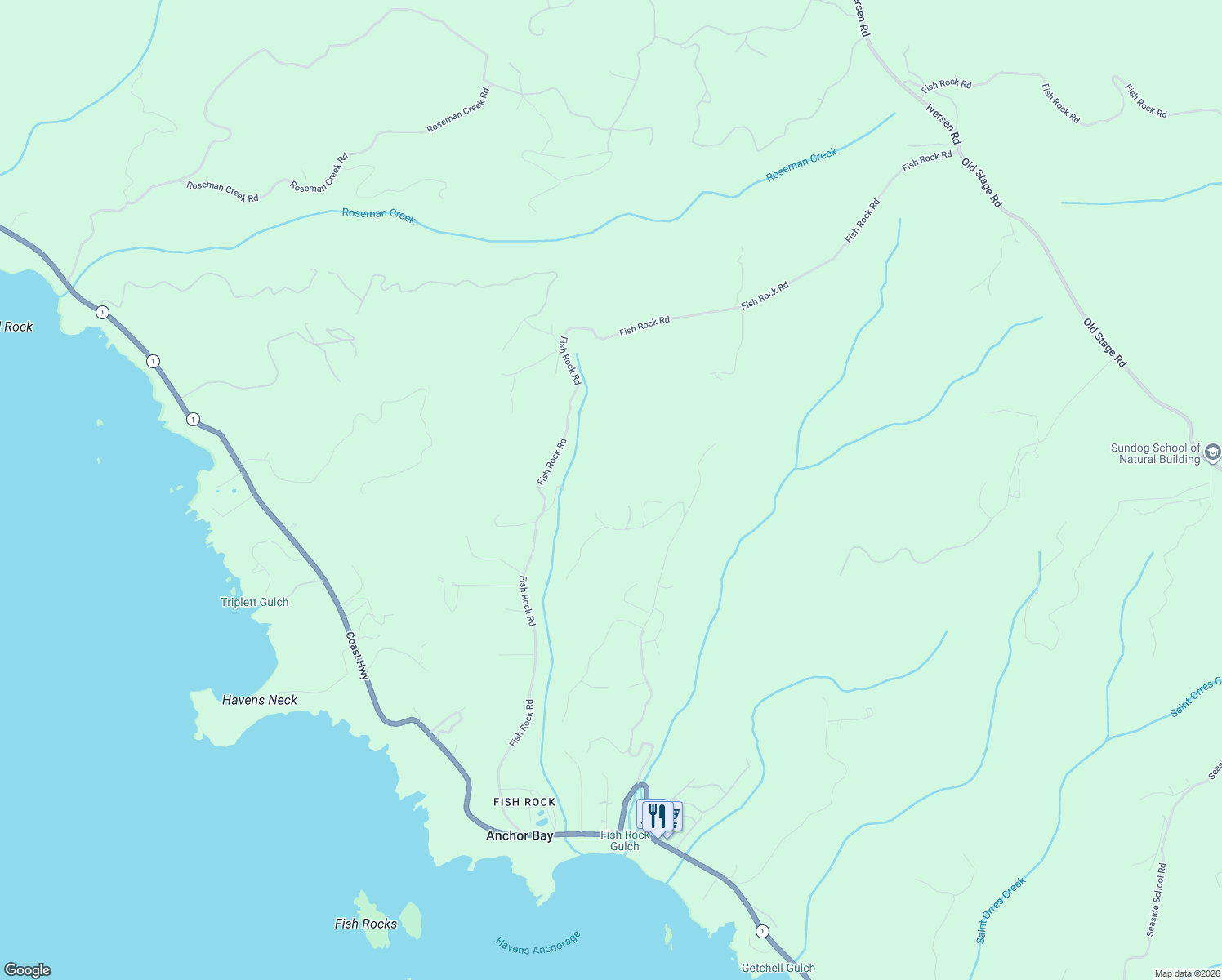 map of restaurants, bars, coffee shops, grocery stores, and more near 45801 Sunset Dr in Mendocino