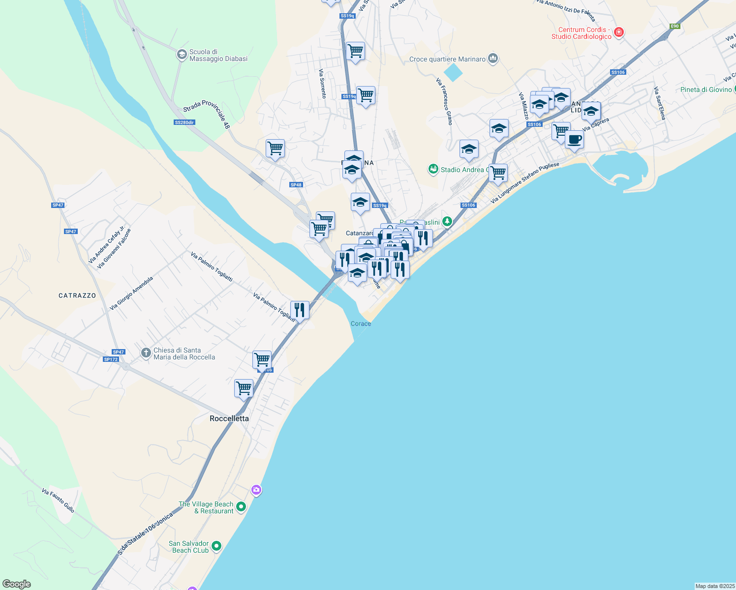 map of restaurants, bars, coffee shops, grocery stores, and more near 13 Lungo Mare Reggio Calabria in Catanzaro