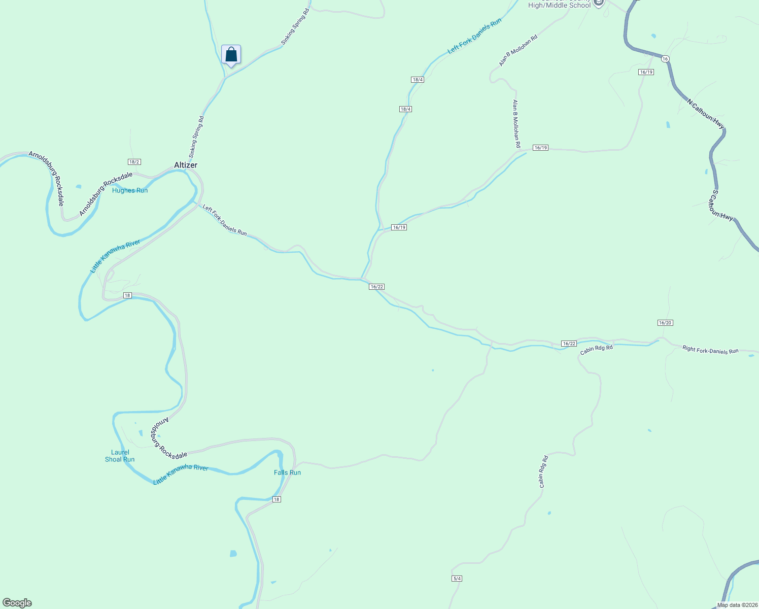 map of restaurants, bars, coffee shops, grocery stores, and more near Right Fork-Daniels Run in Arnoldsburg