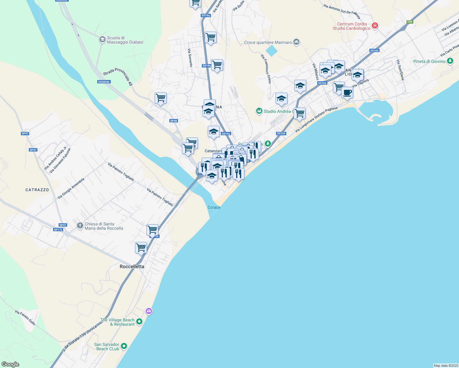 map of restaurants, bars, coffee shops, grocery stores, and more near 65 Via Lungomare Stefano Pugliese in Catanzaro
