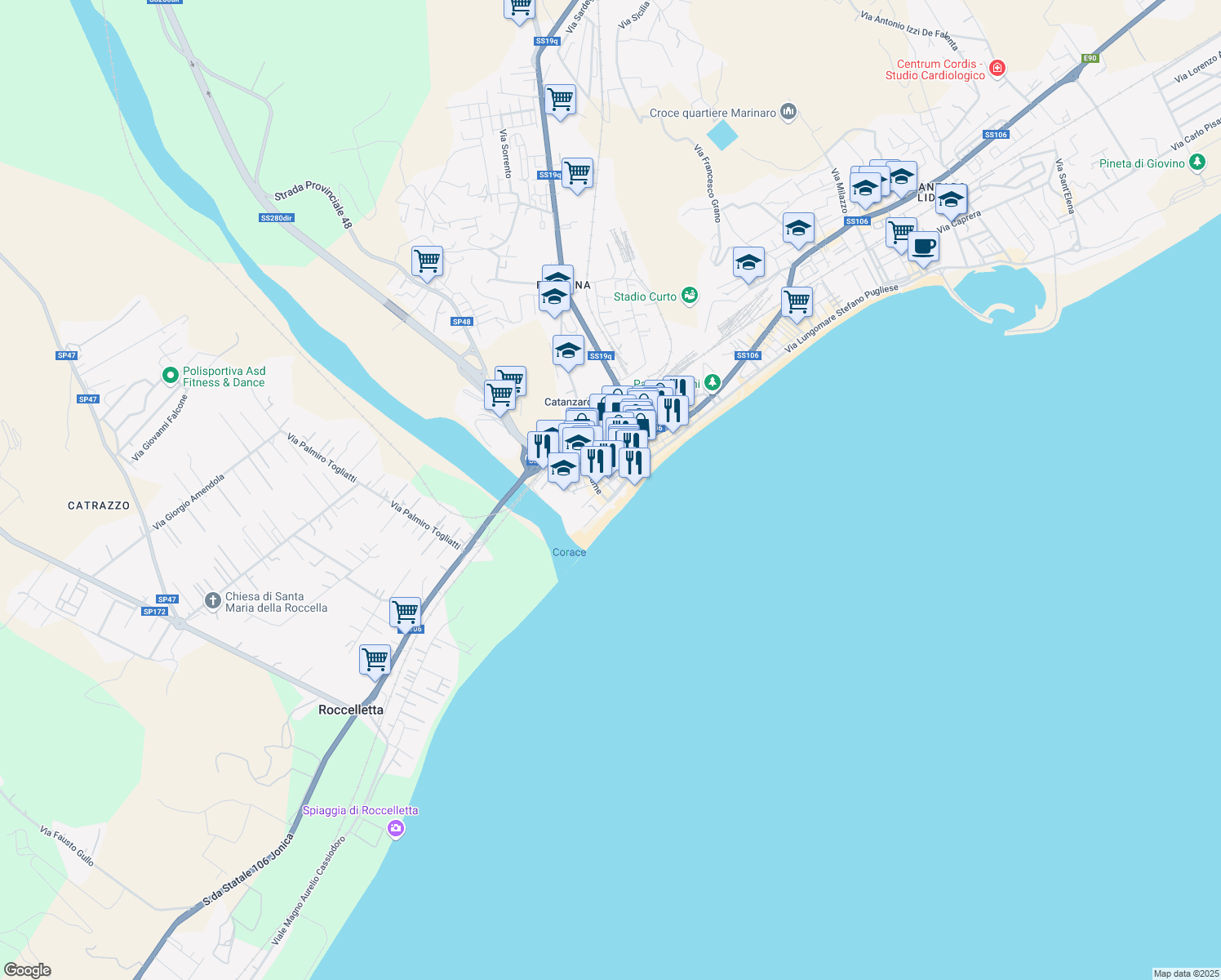 map of restaurants, bars, coffee shops, grocery stores, and more near 65 Via Lungomare Stefano Pugliese in Catanzaro