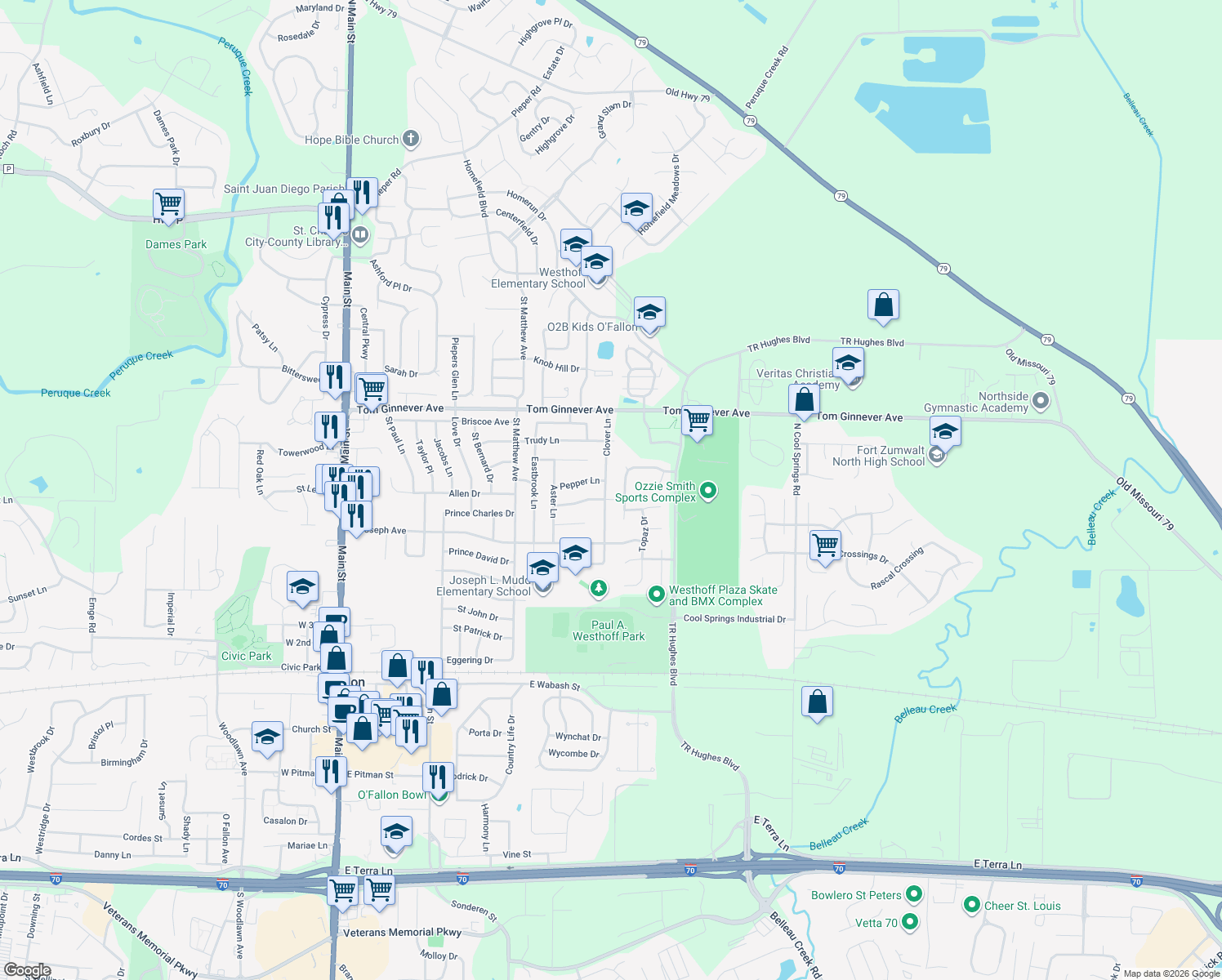 map of restaurants, bars, coffee shops, grocery stores, and more near 708 Clover Lane in O'Fallon