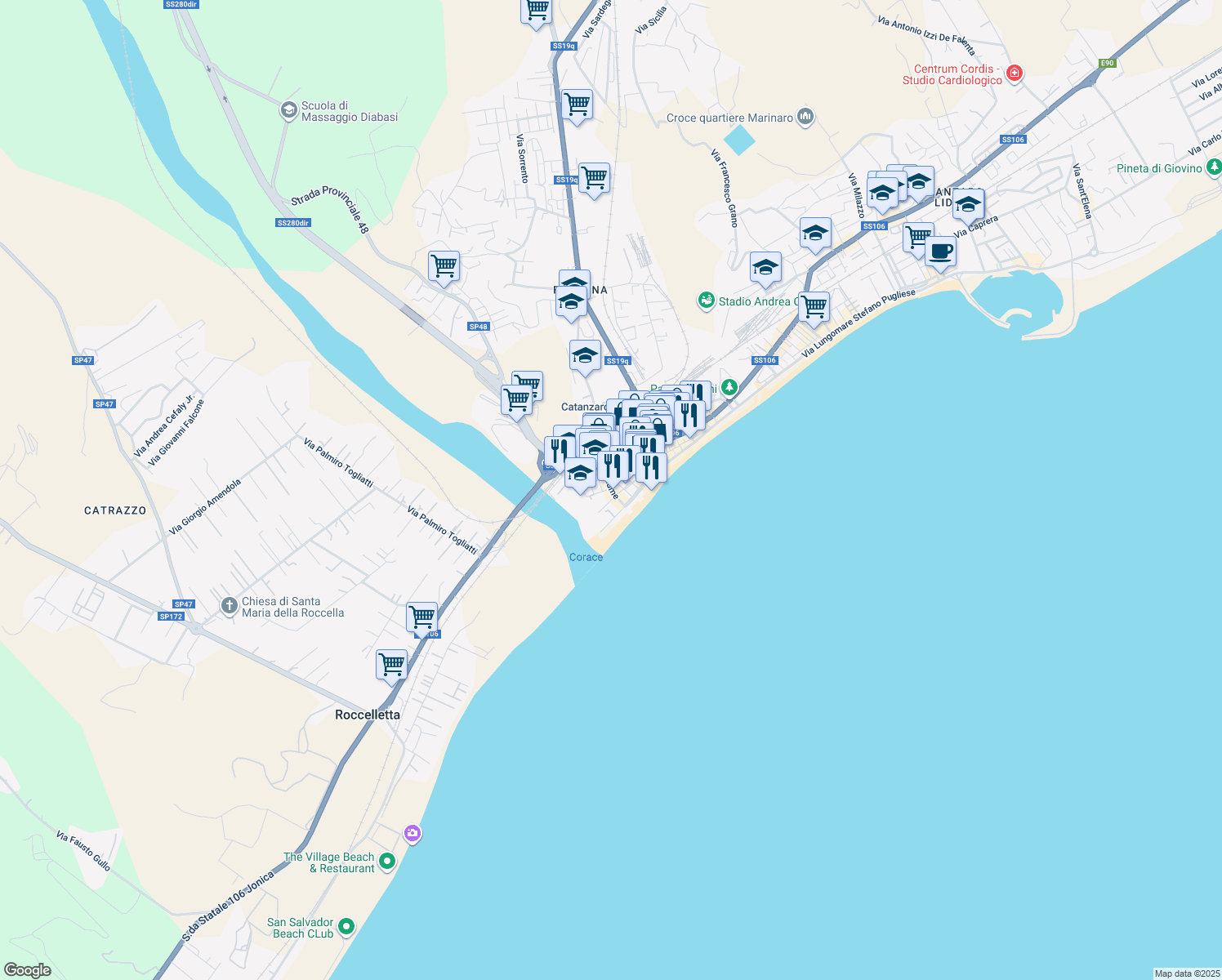 map of restaurants, bars, coffee shops, grocery stores, and more near 25 Traversa Fiume in Catanzaro