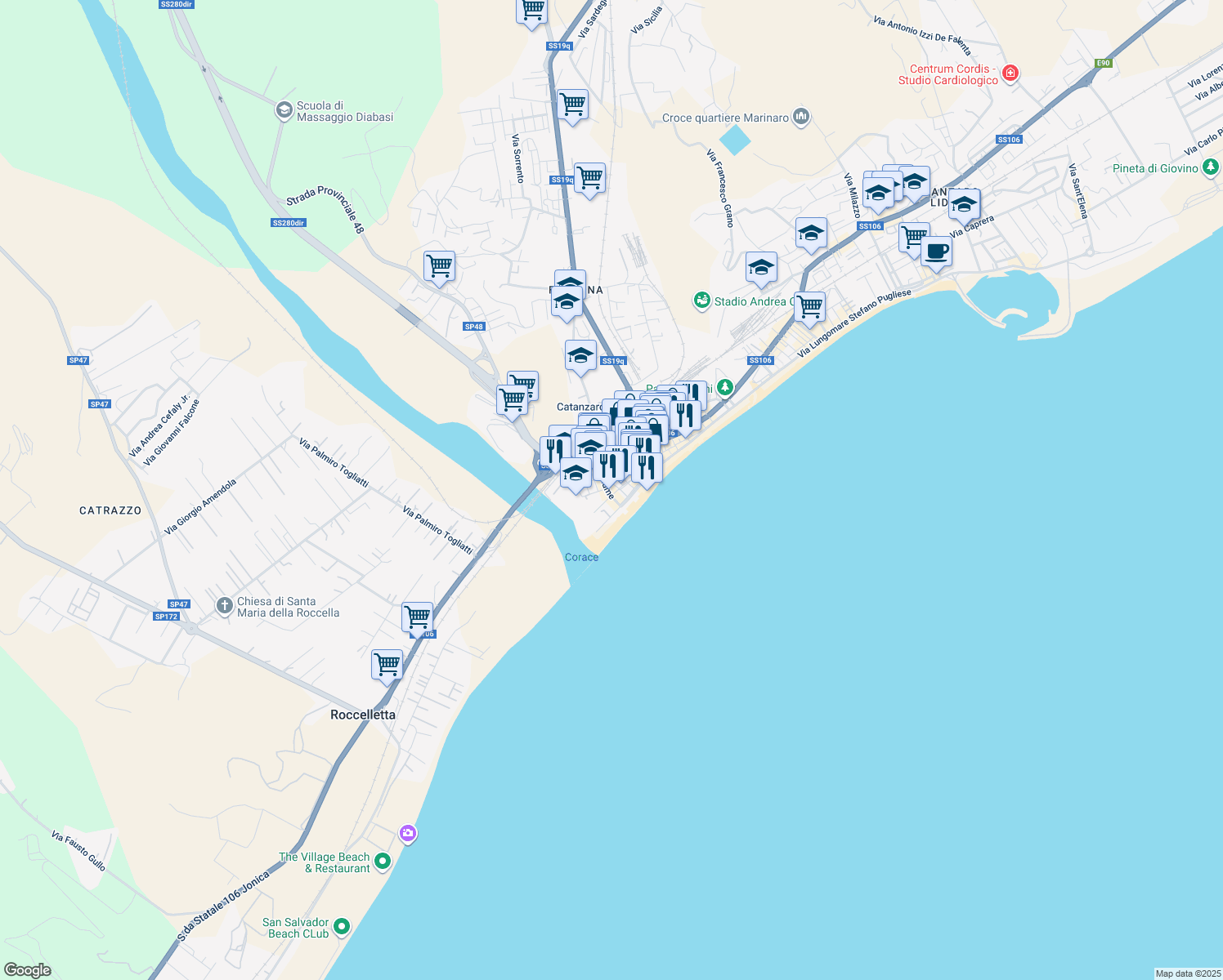 map of restaurants, bars, coffee shops, grocery stores, and more near 25 Traversa Fiume in Catanzaro