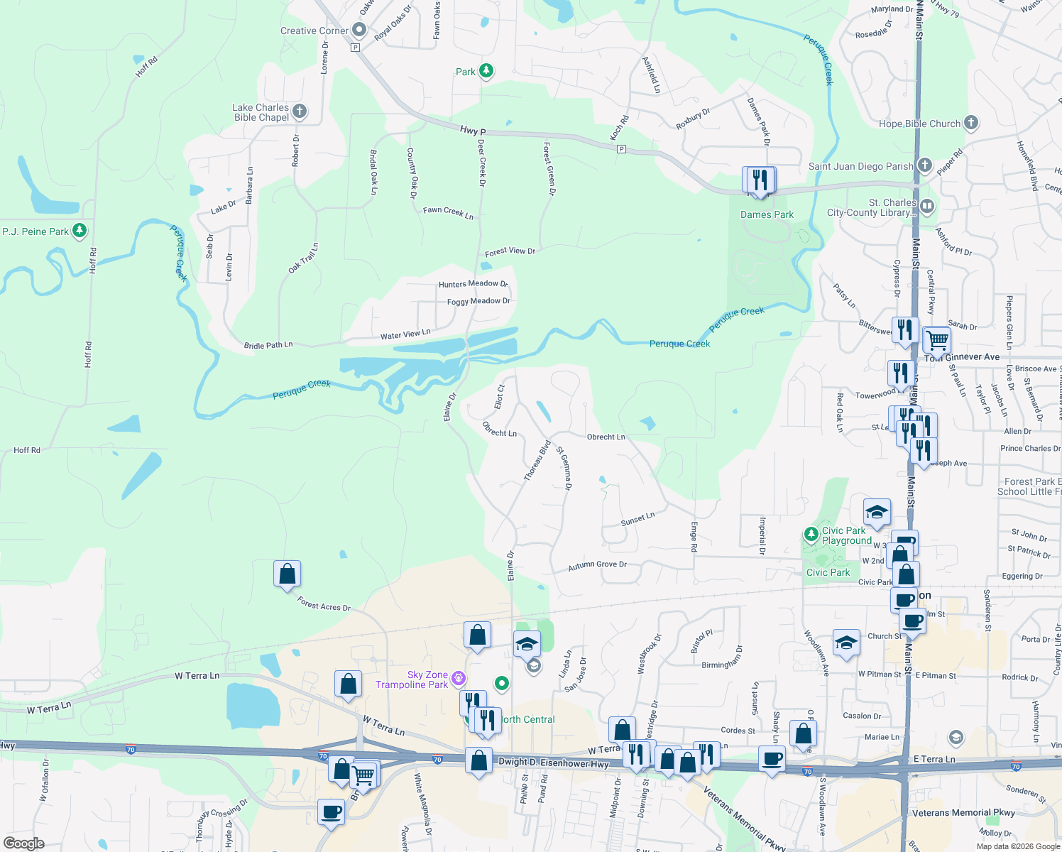map of restaurants, bars, coffee shops, grocery stores, and more near 409 Saint Gemma Drive in O'Fallon