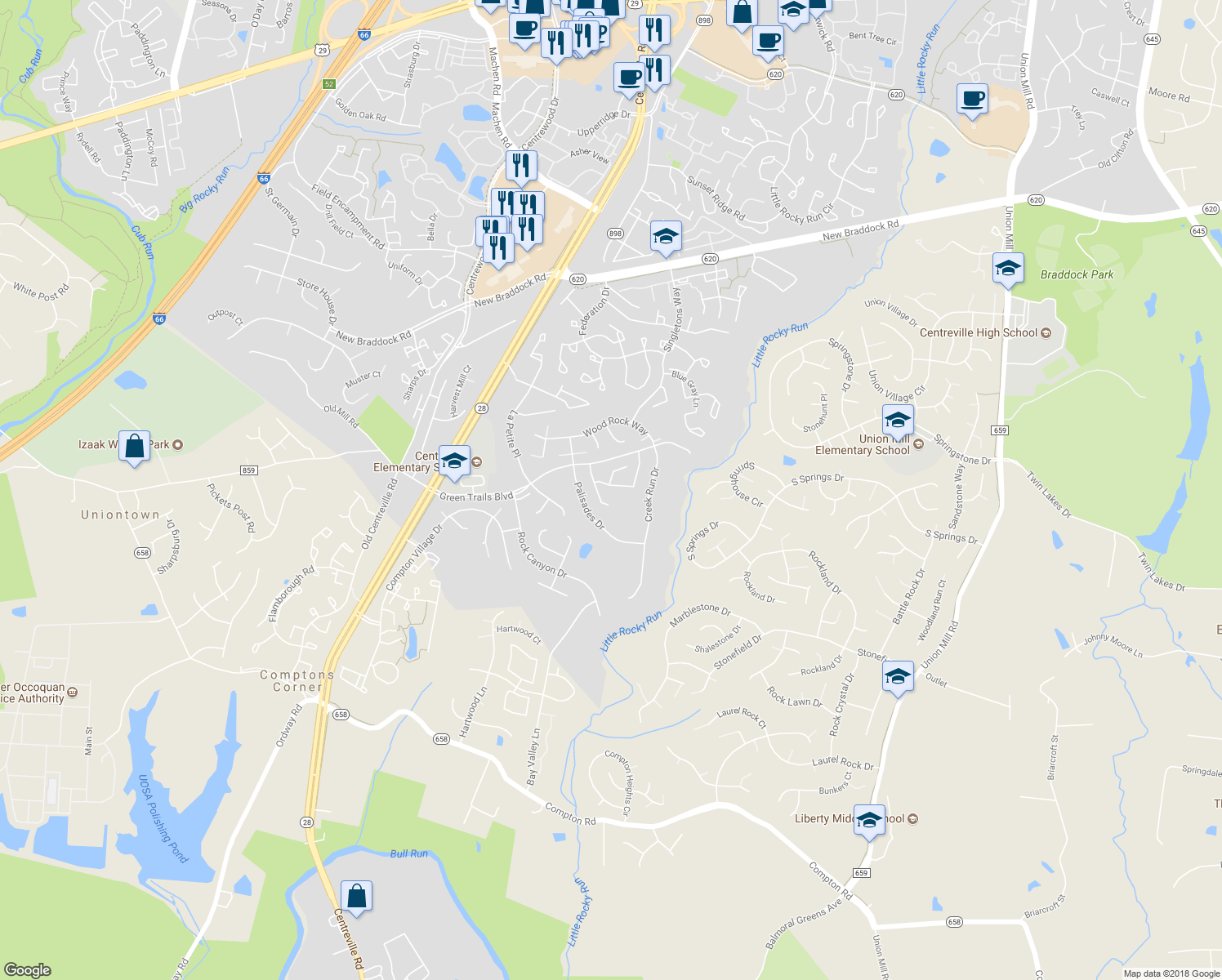 map of restaurants, bars, coffee shops, grocery stores, and more near 14193 Autumn Circle in Centreville