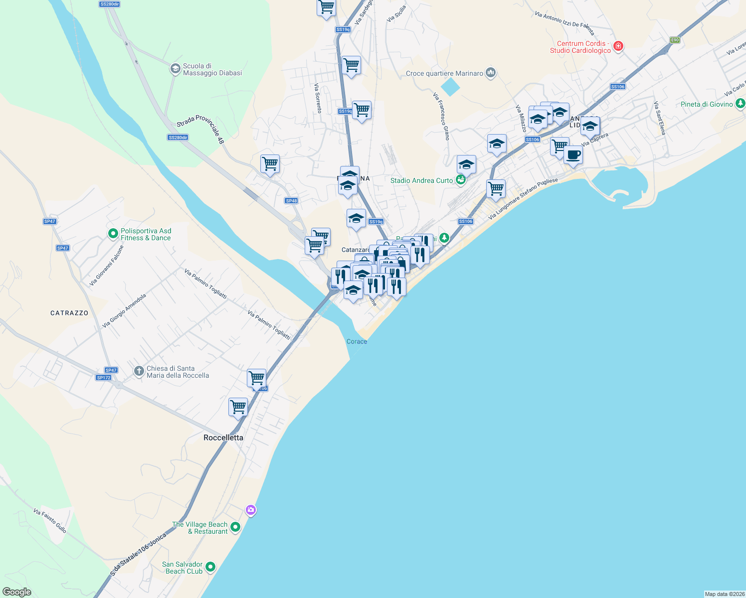 map of restaurants, bars, coffee shops, grocery stores, and more near 25 Traversa Fiume in Catanzaro