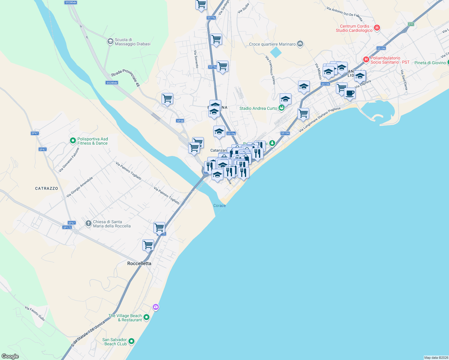map of restaurants, bars, coffee shops, grocery stores, and more near 25 Traversa Fiume in Catanzaro