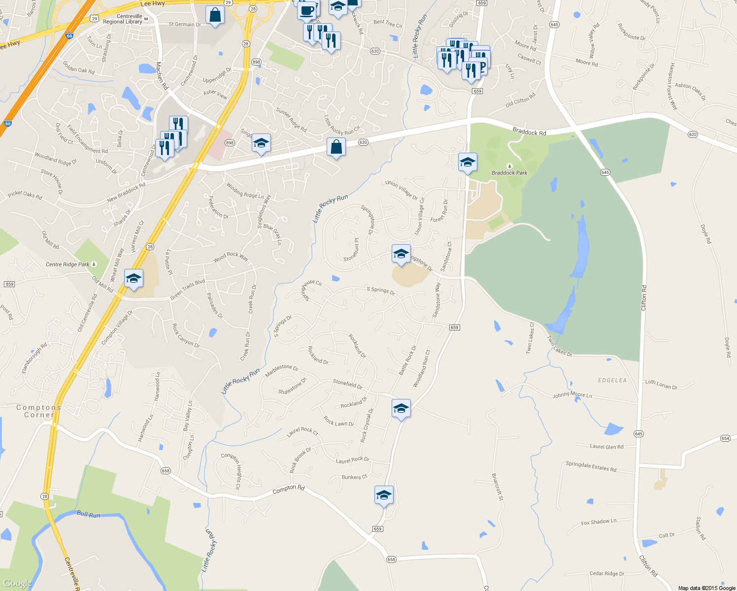 map of restaurants, bars, coffee shops, grocery stores, and more near 6302 South Springs Circle in Clifton