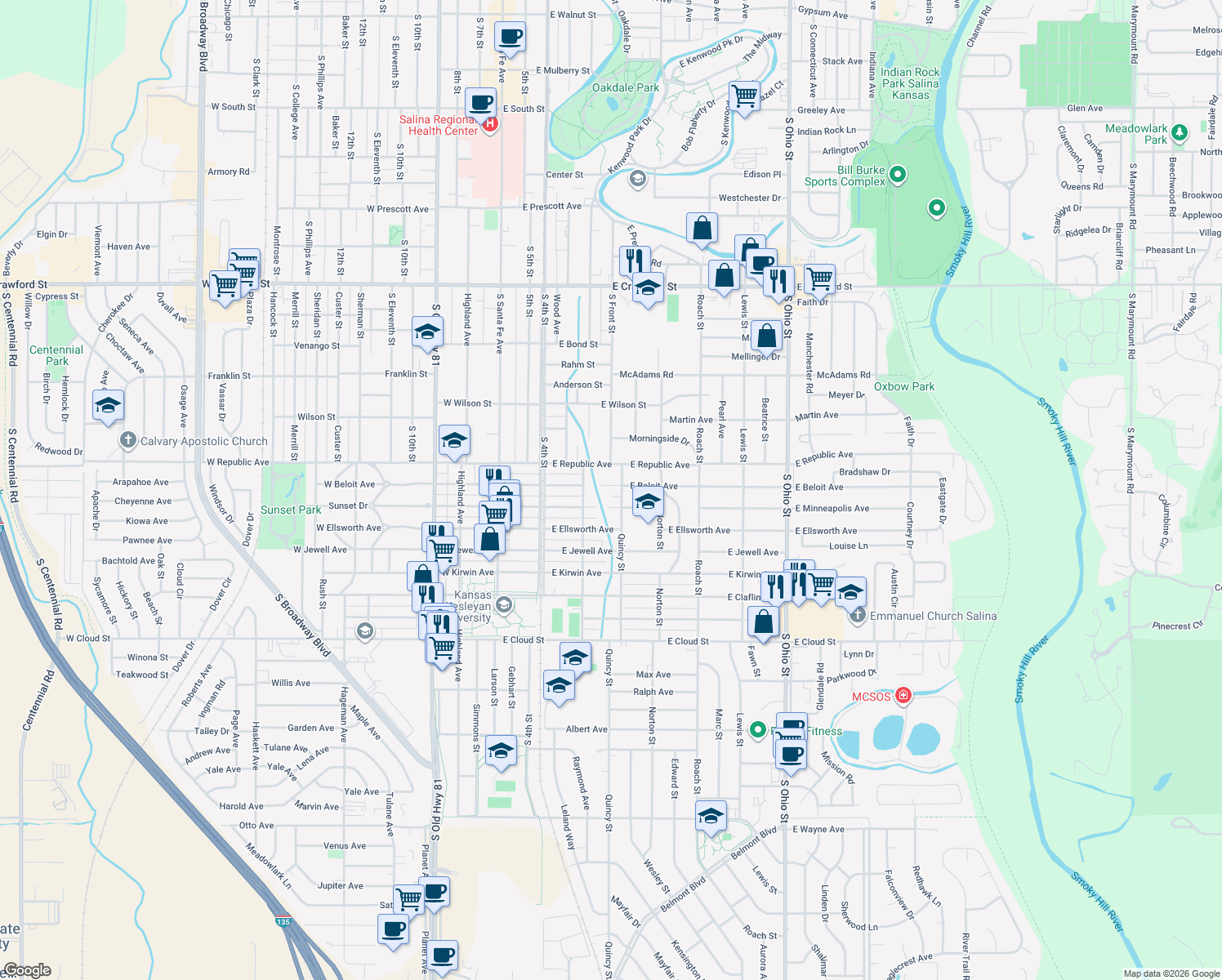 map of restaurants, bars, coffee shops, grocery stores, and more near 328 East Beloit Avenue in Salina