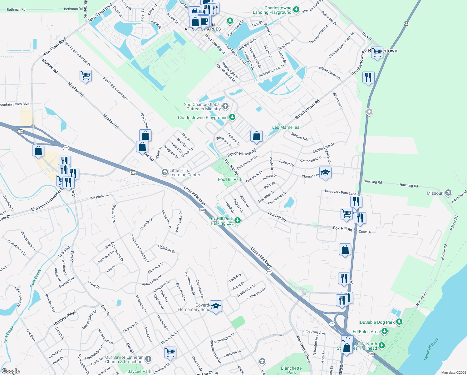 map of restaurants, bars, coffee shops, grocery stores, and more near 3301 Kister Drive in Saint Charles