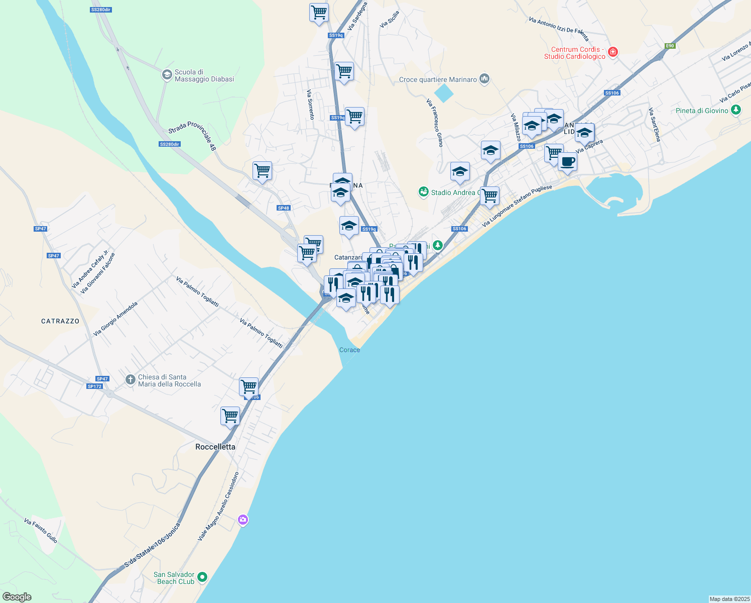 map of restaurants, bars, coffee shops, grocery stores, and more near 65 Via Lungomare Stefano Pugliese in Catanzaro