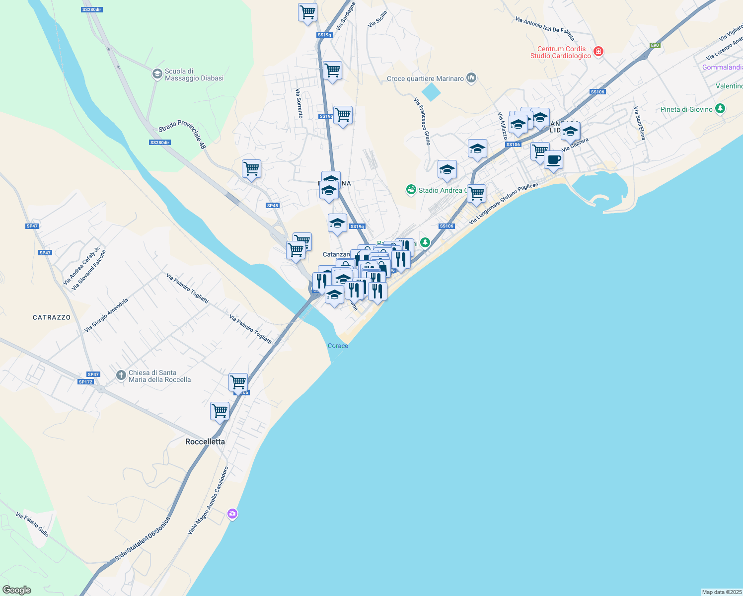 map of restaurants, bars, coffee shops, grocery stores, and more near 65 Via Lungomare Stefano Pugliese in Catanzaro