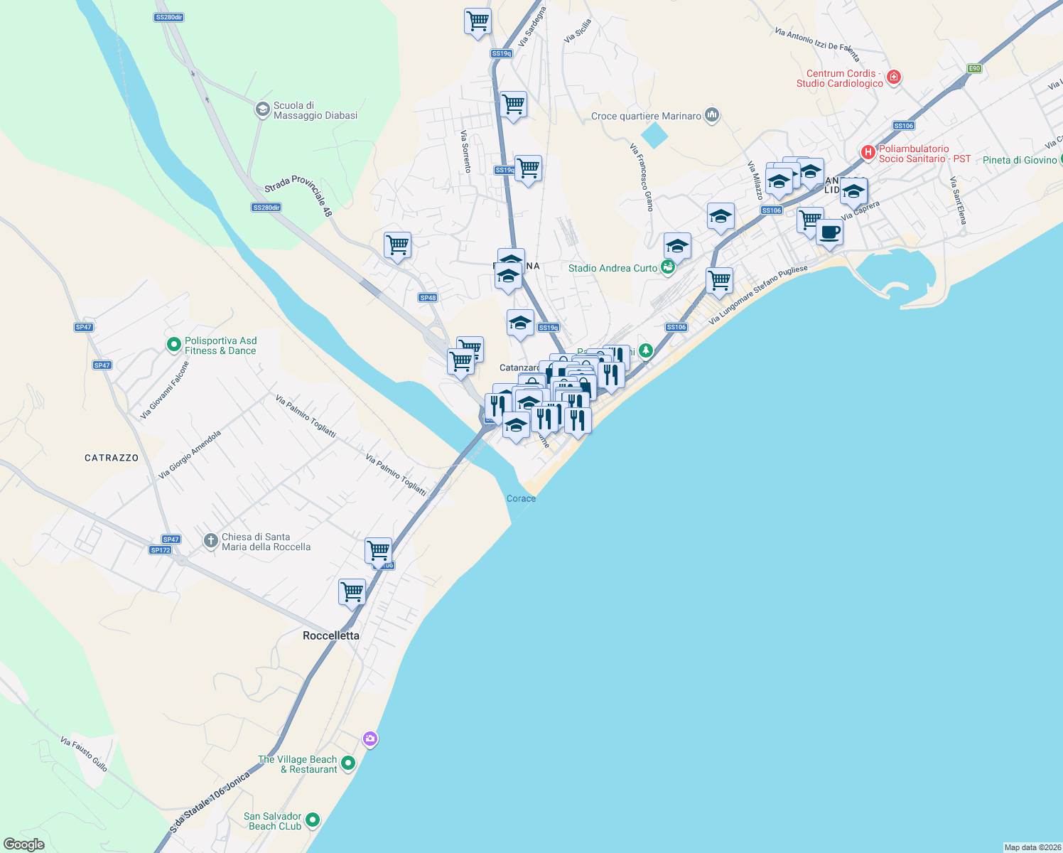 map of restaurants, bars, coffee shops, grocery stores, and more near 25 Traversa Fiume in Catanzaro