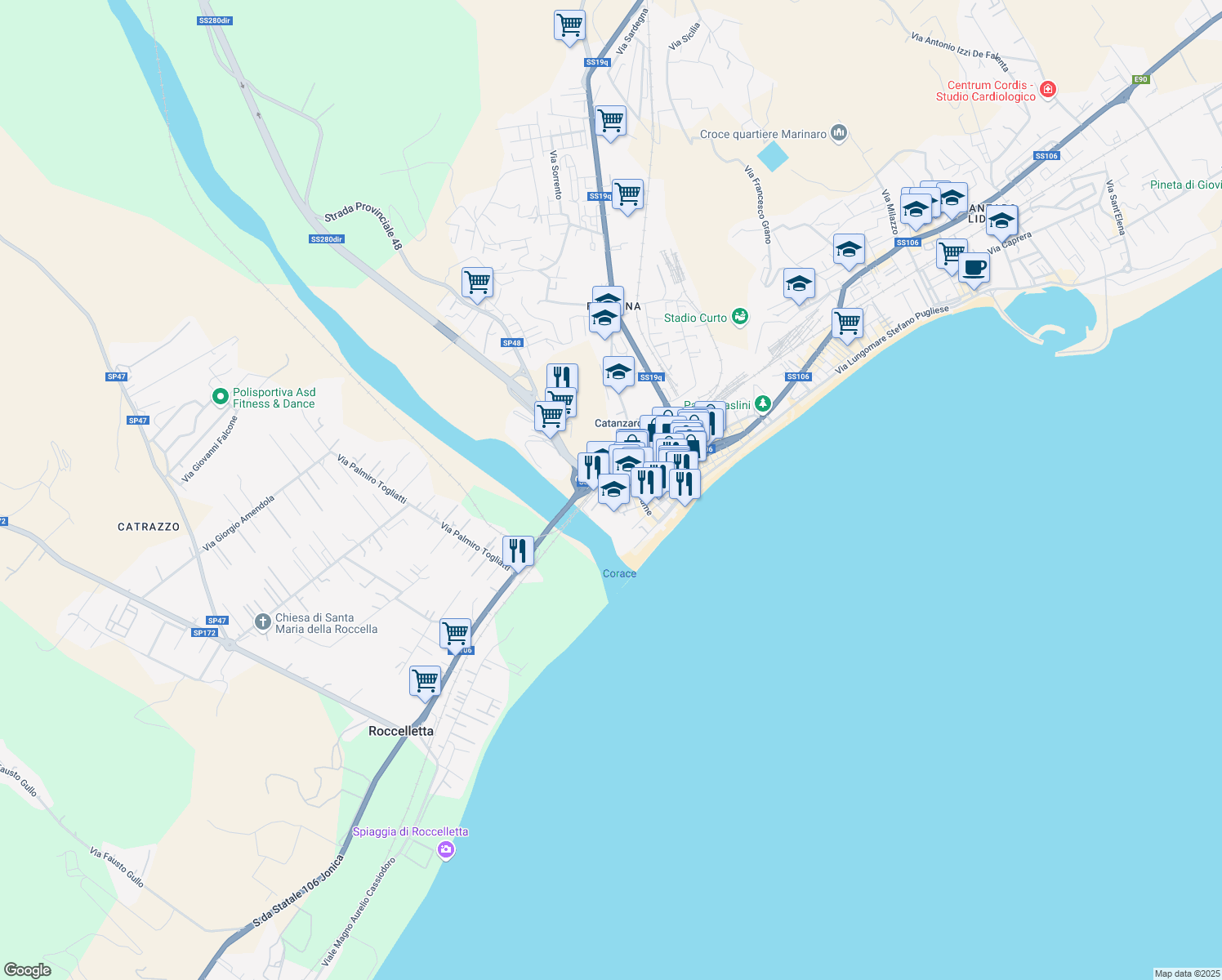 map of restaurants, bars, coffee shops, grocery stores, and more near 70 Via Genova in Catanzaro