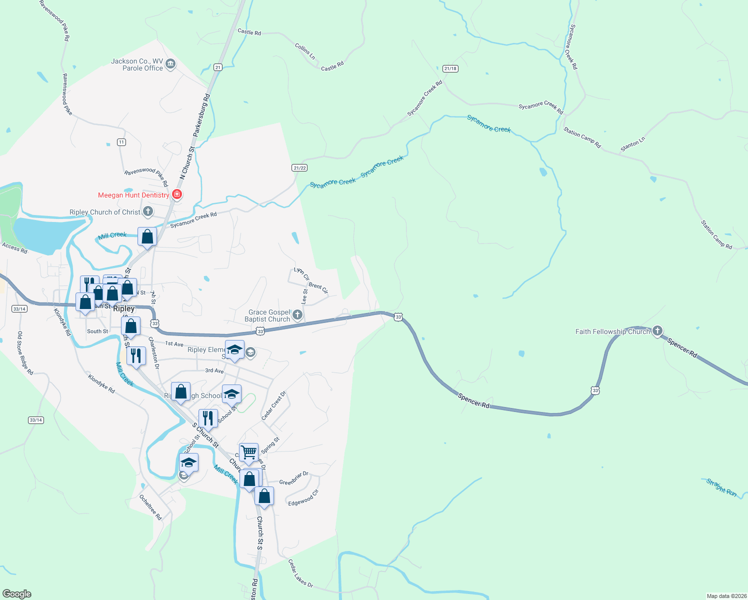 map of restaurants, bars, coffee shops, grocery stores, and more near 114 Skyline View Drive in Ripley
