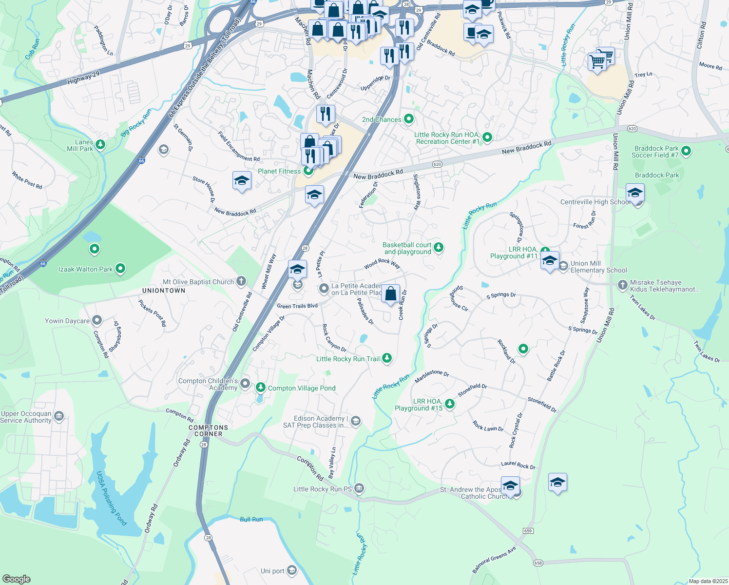map of restaurants, bars, coffee shops, grocery stores, and more near 6508 Skylemar Trail in Centreville