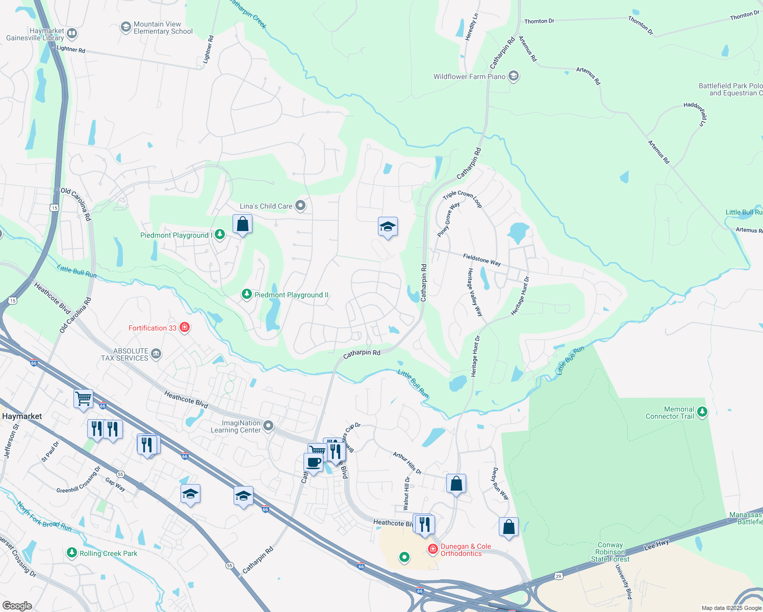 map of restaurants, bars, coffee shops, grocery stores, and more near 6833 Rathbone Place in Gainesville
