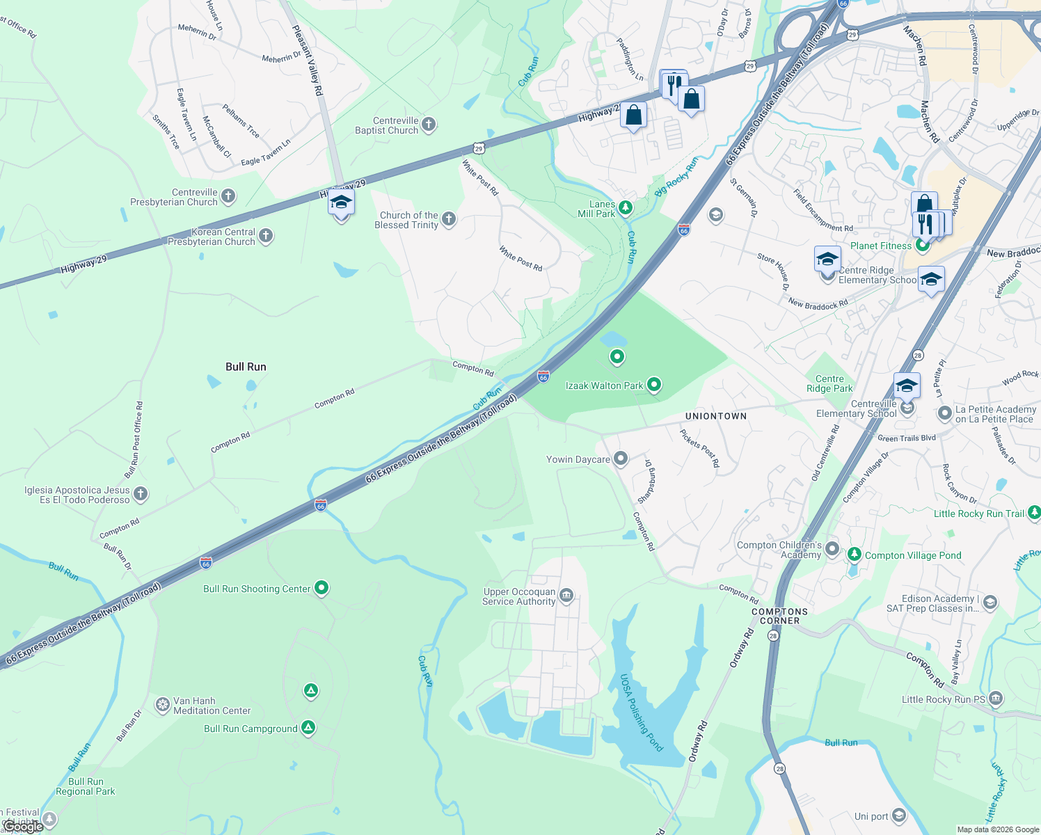 map of restaurants, bars, coffee shops, grocery stores, and more near 14919 Compton Road in Centreville