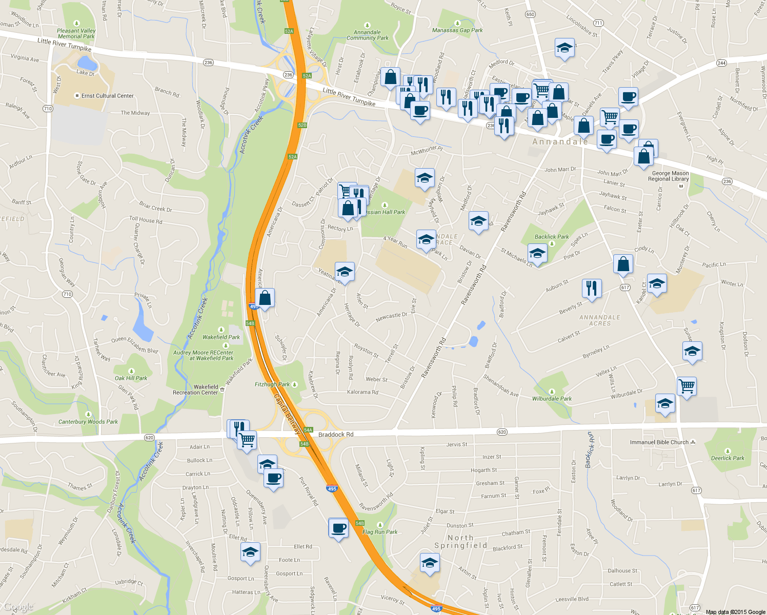map of restaurants, bars, coffee shops, grocery stores, and more near 7705 Arlen Street in Annandale
