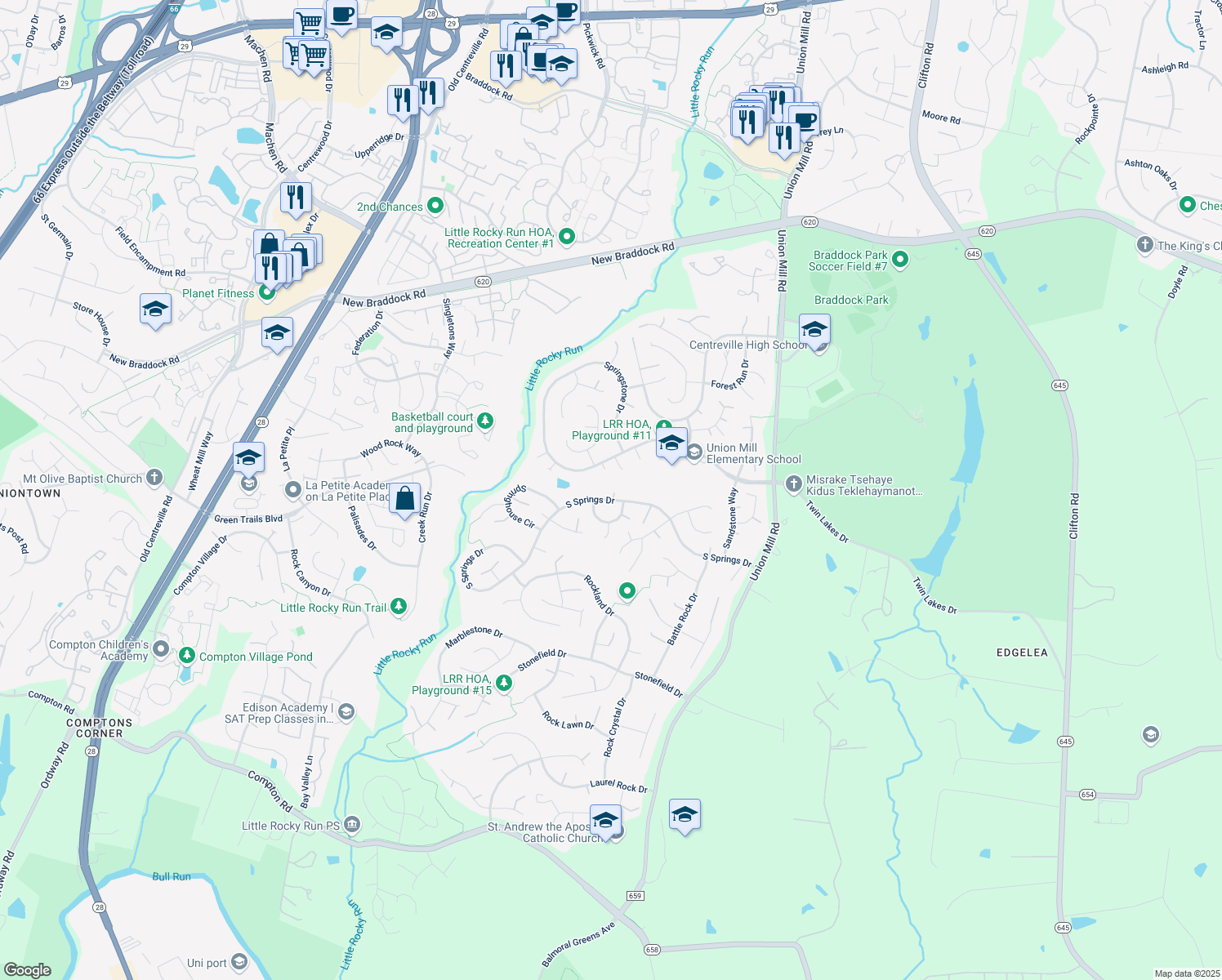 map of restaurants, bars, coffee shops, grocery stores, and more near 13664 South Springs Drive in Clifton