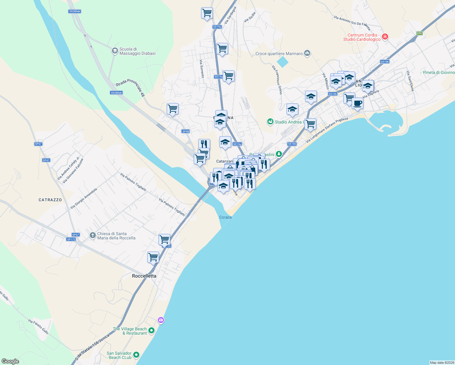 map of restaurants, bars, coffee shops, grocery stores, and more near 2 Via Corace in Catanzaro