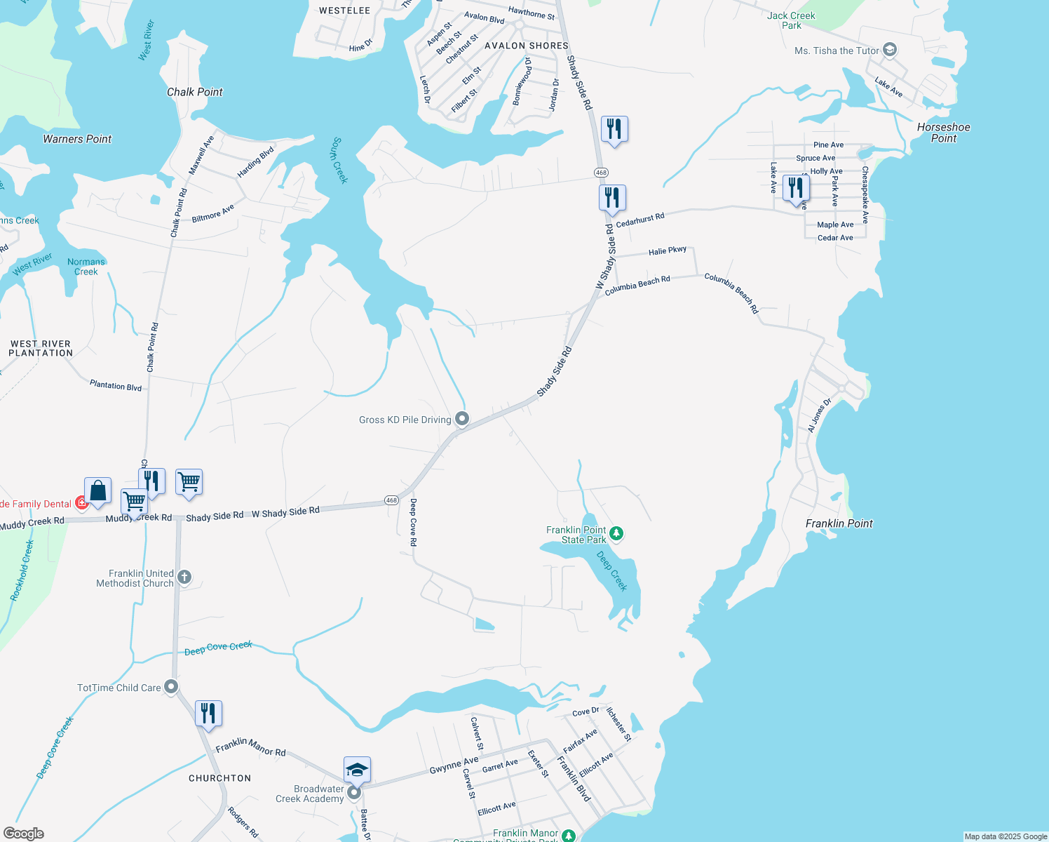 map of restaurants, bars, coffee shops, grocery stores, and more near 5921 Shady Side Road in Shady Side