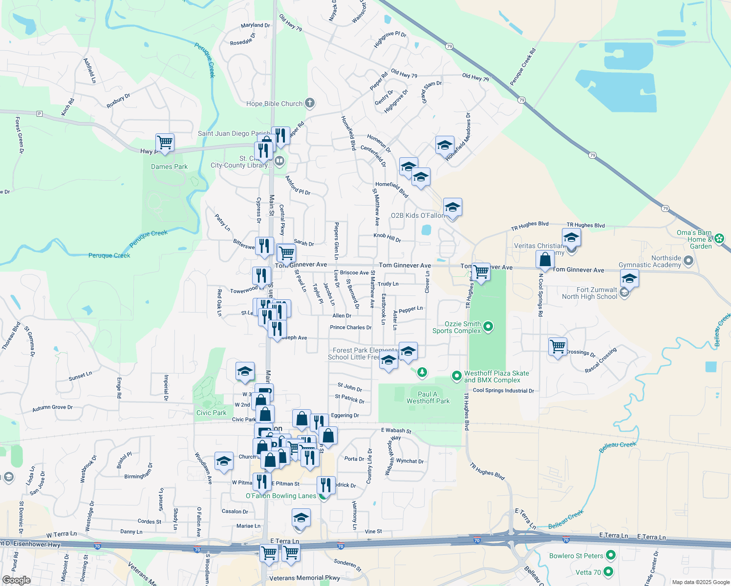 map of restaurants, bars, coffee shops, grocery stores, and more near 507 Mona Drive in O'Fallon
