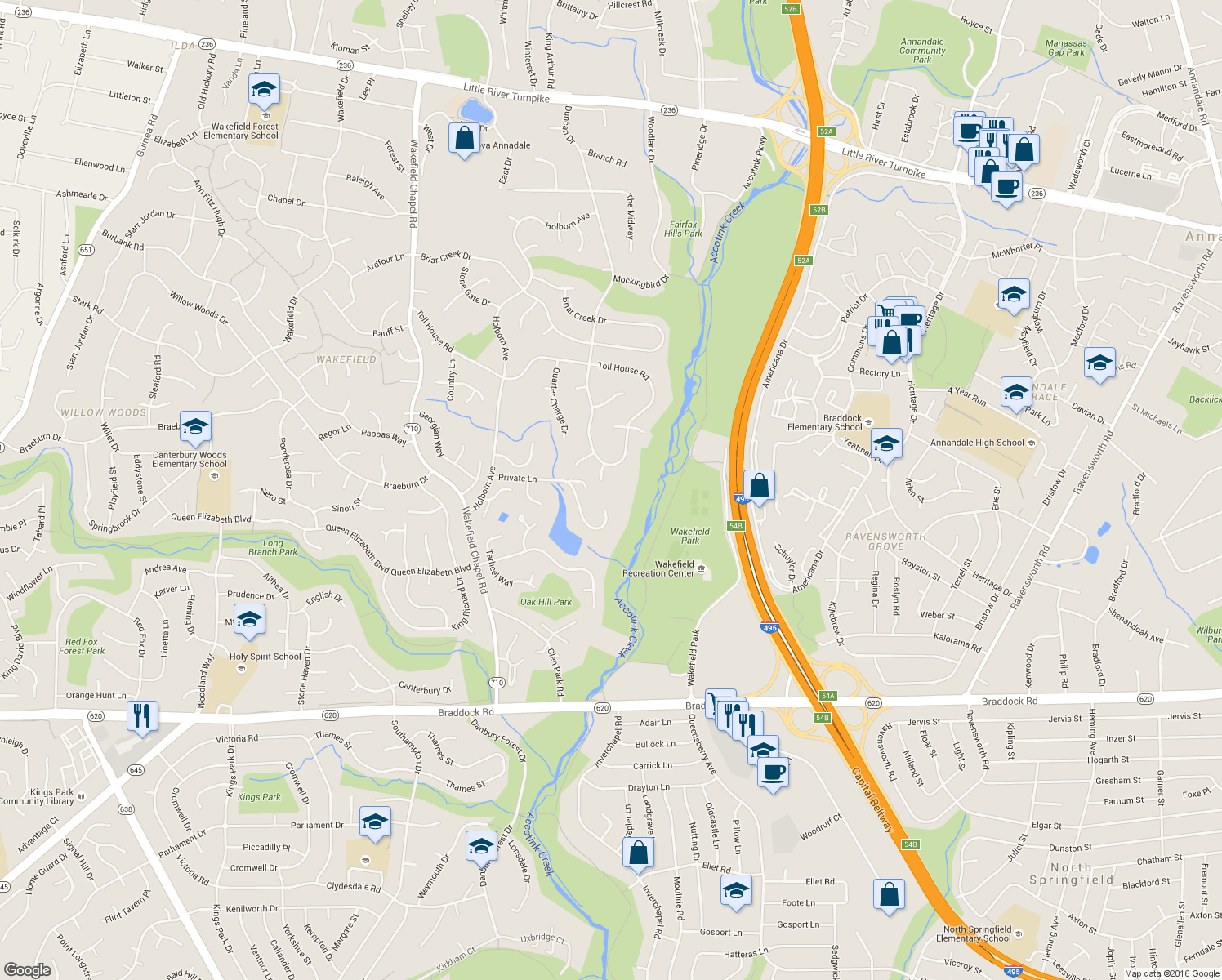 map of restaurants, bars, coffee shops, grocery stores, and more near 8250 Private Lane in Annandale