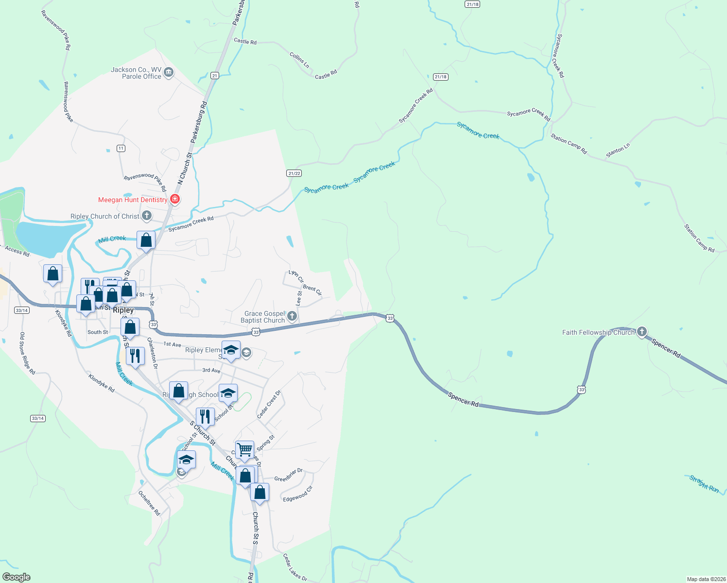 map of restaurants, bars, coffee shops, grocery stores, and more near 114 Skyline View Dr in Ripley