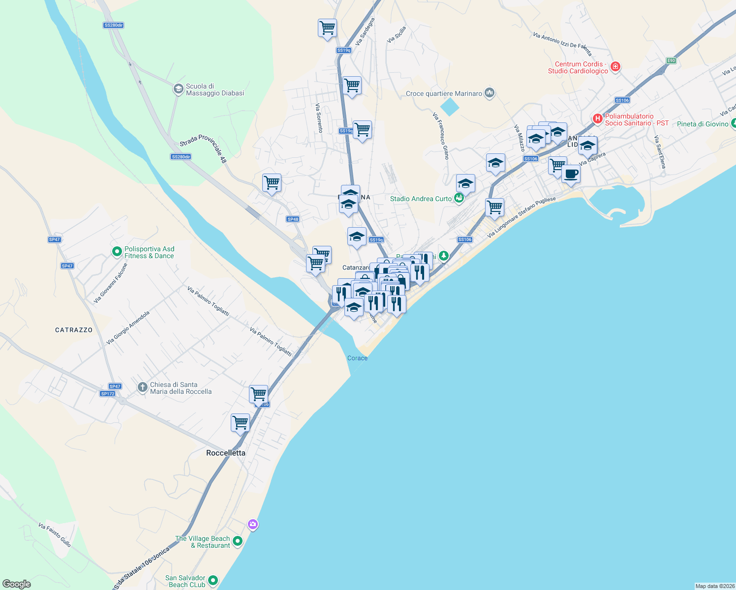 map of restaurants, bars, coffee shops, grocery stores, and more near in Catanzaro Lido