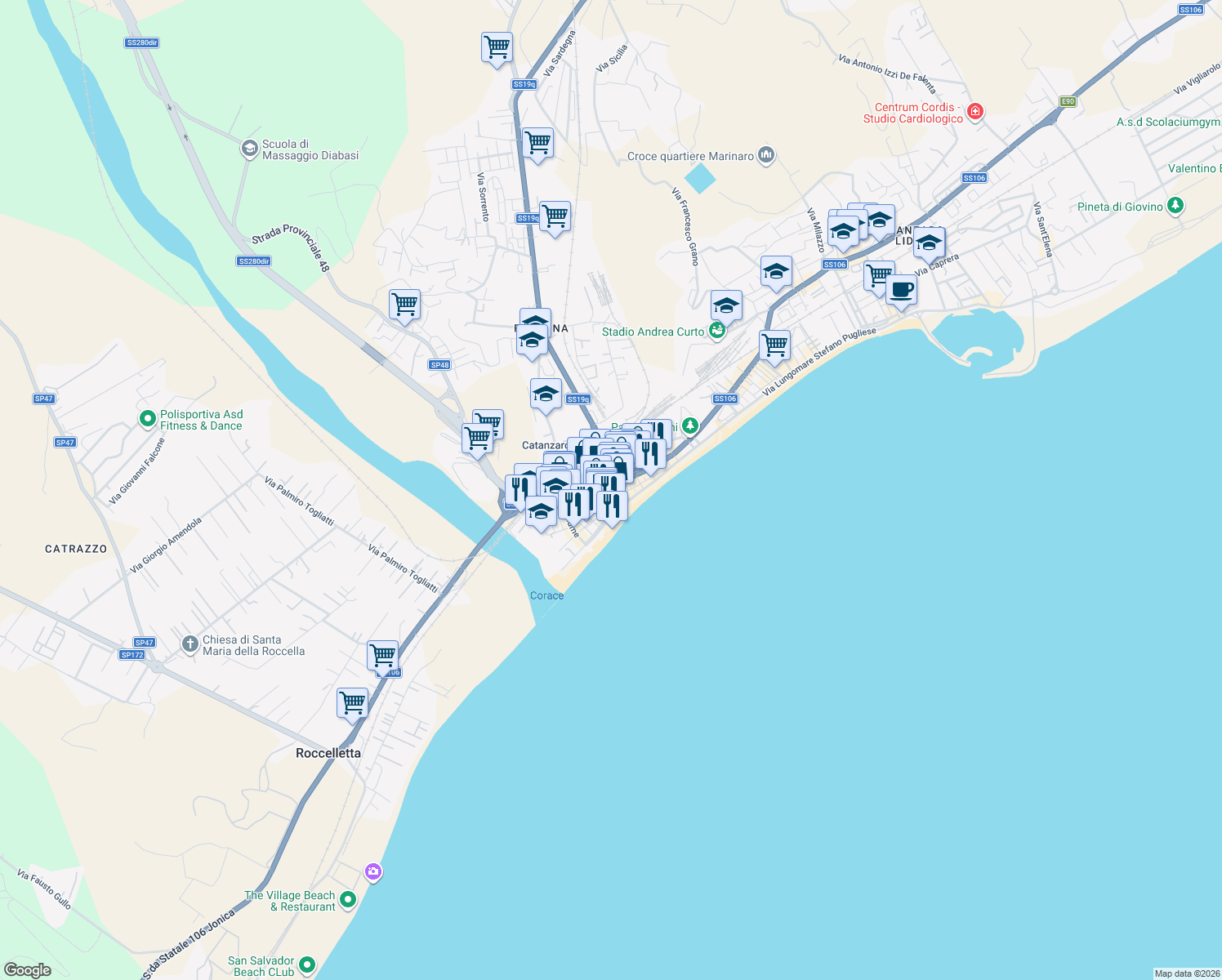 map of restaurants, bars, coffee shops, grocery stores, and more near 22 Piazza Anita Garibaldi in Catanzaro